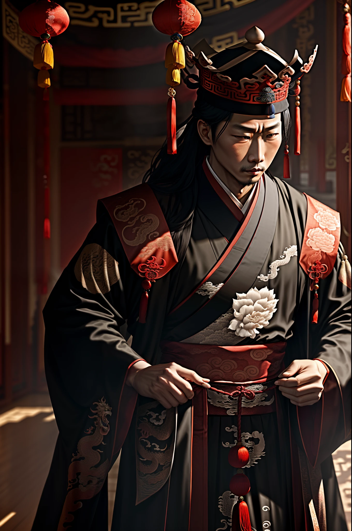 Emperor, Emperor of China, king's crown with tassels, long sleeves, portrait, solo, Chinese dragon pattern, youngster, Chinese style clothes, Magnificent palace, Hanfu, Hanfu in black and gold color, high contrast, The figure is in the shadows, Wide-Angle, high quality, anatomically correct