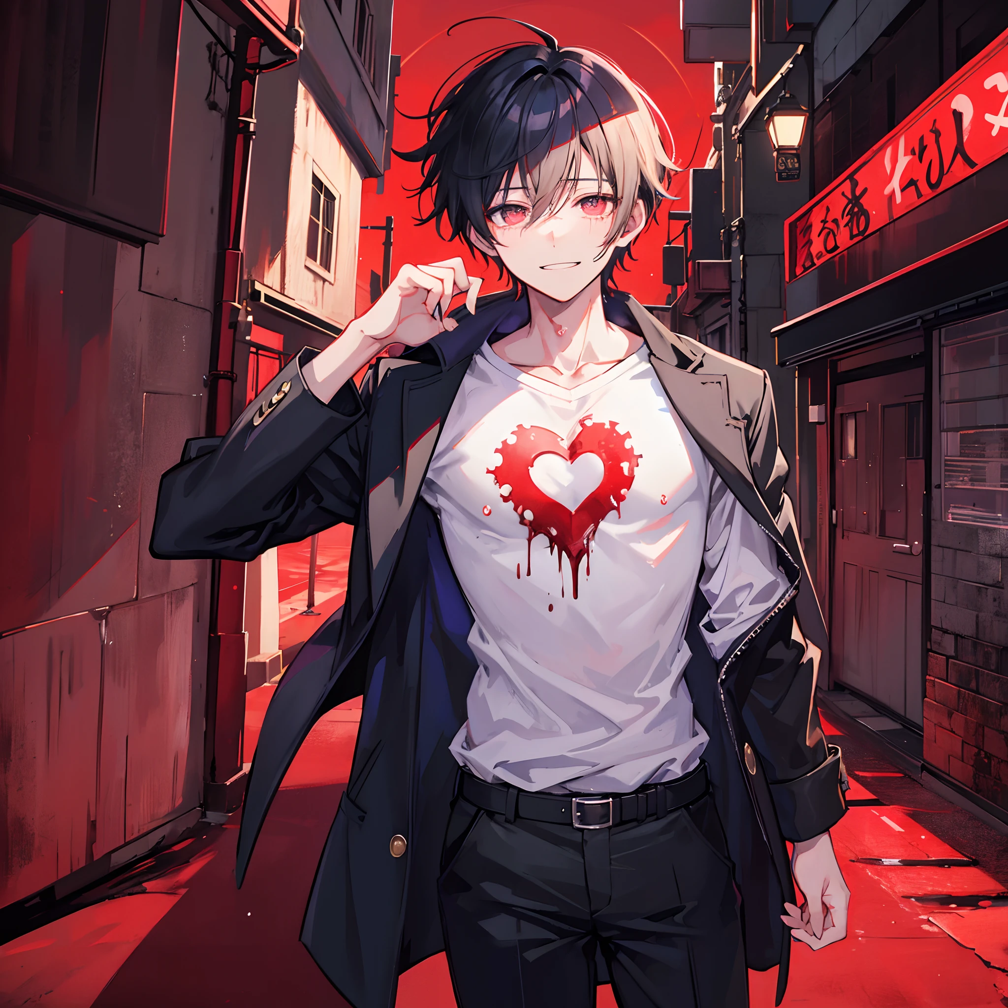 Anime boy, detailed, depressed, his heart ripped from his chest by his own hands, crying blood and smiling maniacally, eyes gloooming in the shadow, background, dark alley street background, detailed background, cyber street, blood moon, moonlight, starry sky,