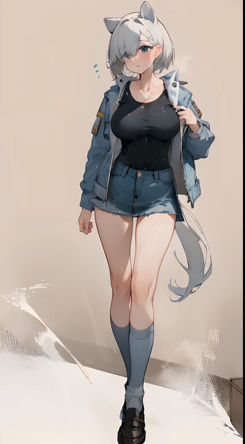 Leakage out of the collarbone，Neck leakage，school uniform，knee length socks，standing straight，Student leather shoes，boobgasm，Blank background，soaked pubic hair，Clothes are soaked，Exposed skin，dual horsetail，Denim jacket，short denim skirt