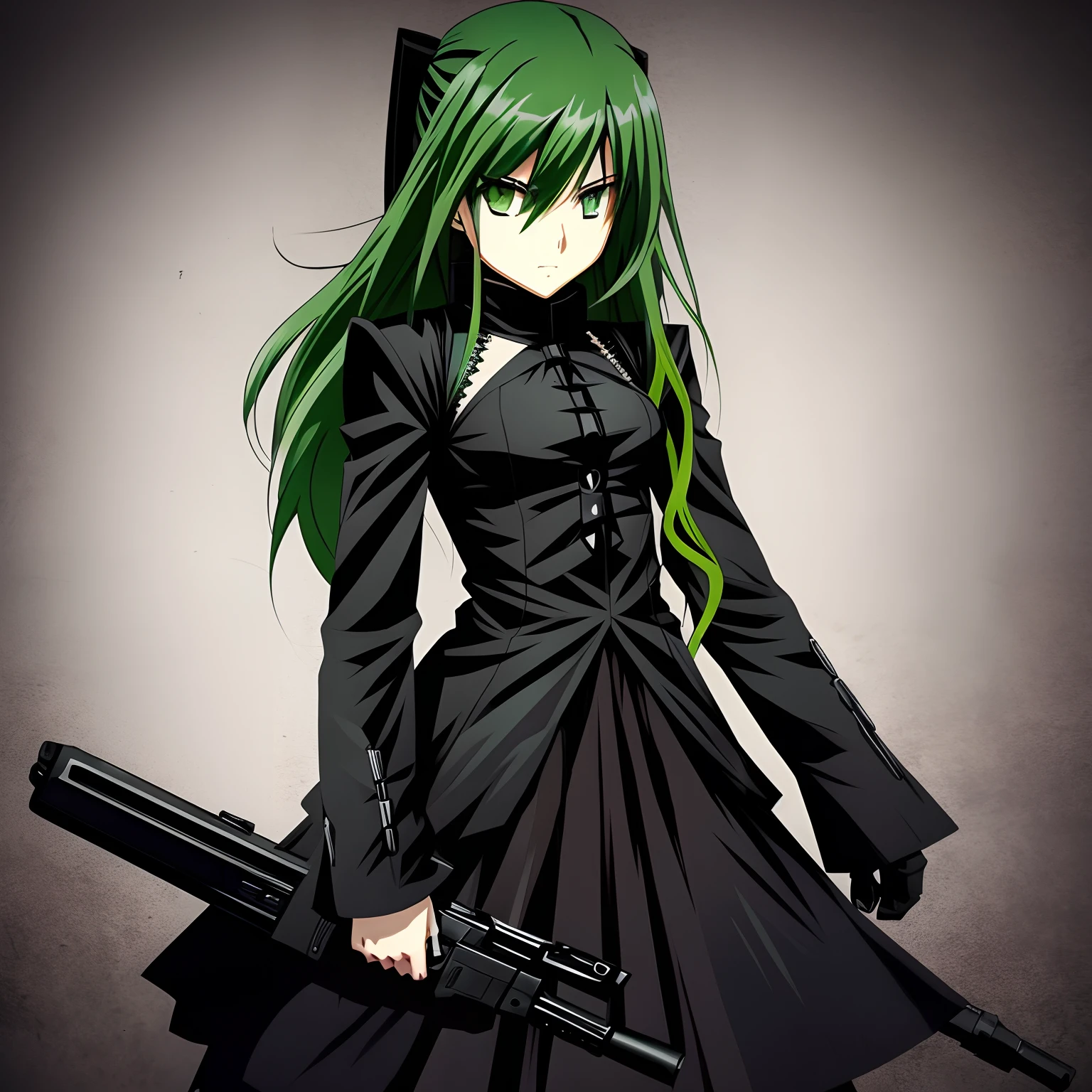 Character hair green gothic girl, with black clothes and anime girl, with long hair, Holding a gun