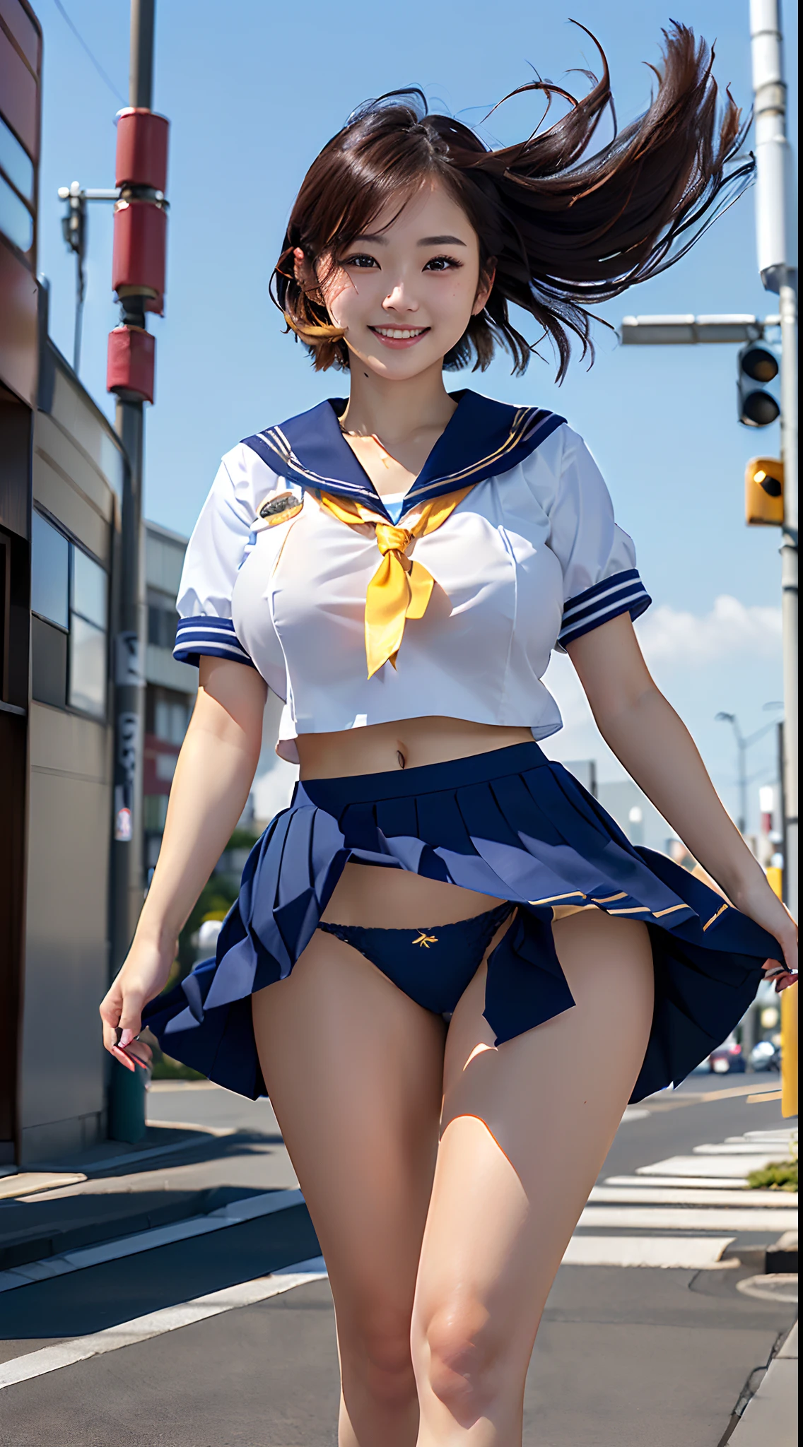 (in 8K、超A high resolution、Best Quality、Photorealsitic、masuter piece、The ultra -The high-definition、top-quality:1.1),(18year old:1.1)(hi-school girl、a sailor suit、Navy Pleated Mini Skirt、Gold T-back、Hide all breasts、quite massive chest、Pretty big breasts、toned body:1.3)(Blonde short-haired、Japan Cute Woman、Brown skin with a pretty tan、appearance々Pose:1.23)、Cute smile(windy up skirt、up skirt panties、Miniskirt fluttering in the wind:1.5)(Detailed inside the city of Tokyo:1.18)