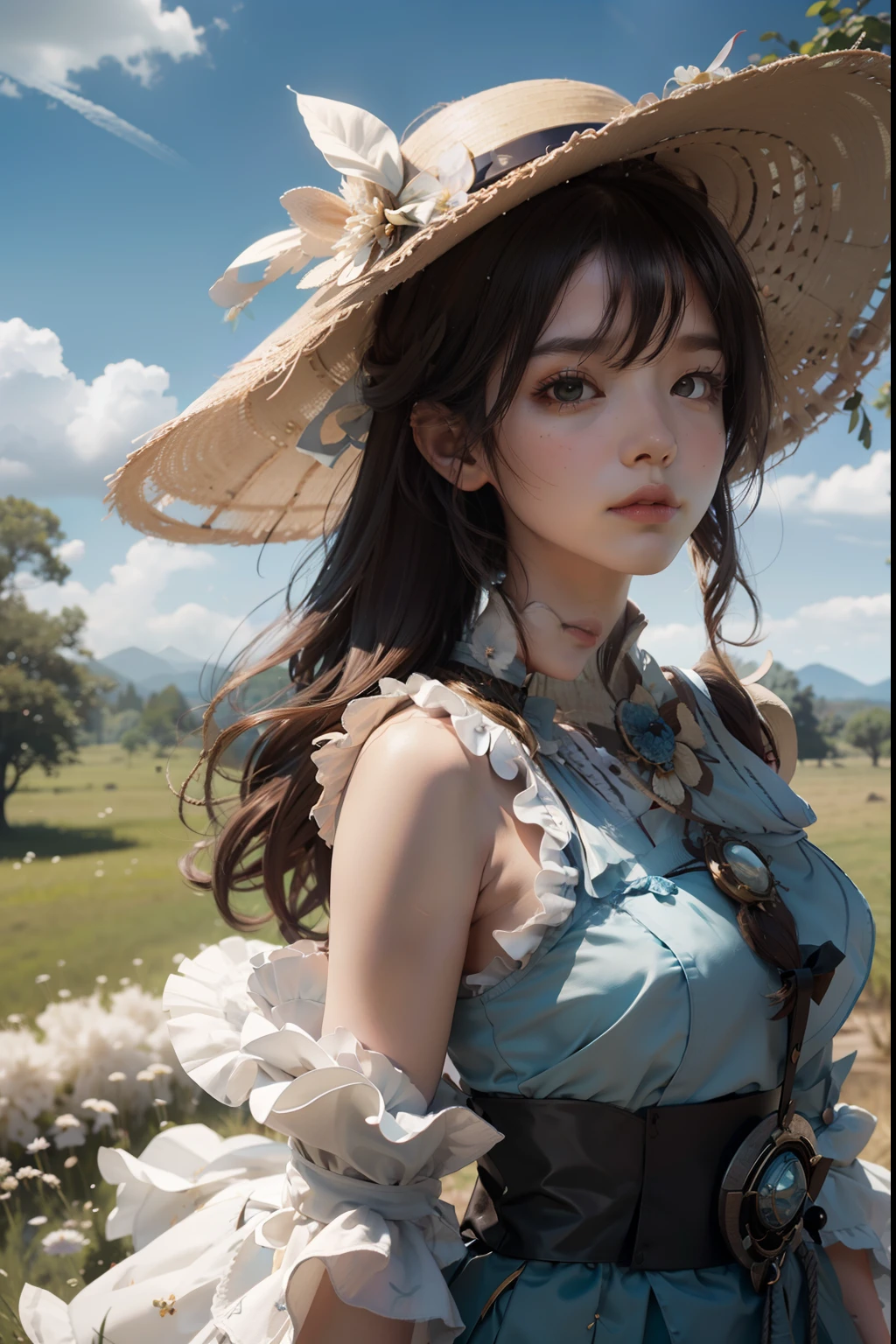 《Genshin Impact》walnut, White background, Cute pose, large grassland, Beautiful woman in a sun hat standing on the prairie, Large clouds, Blue sky, louka, forest, hillside, secluded, tourist attraction, high definition detail, Hyper-detailing, Cinematic, surrealism, Soft light, Deep field focus bokeh, Ray tracing and surrealism. --v6