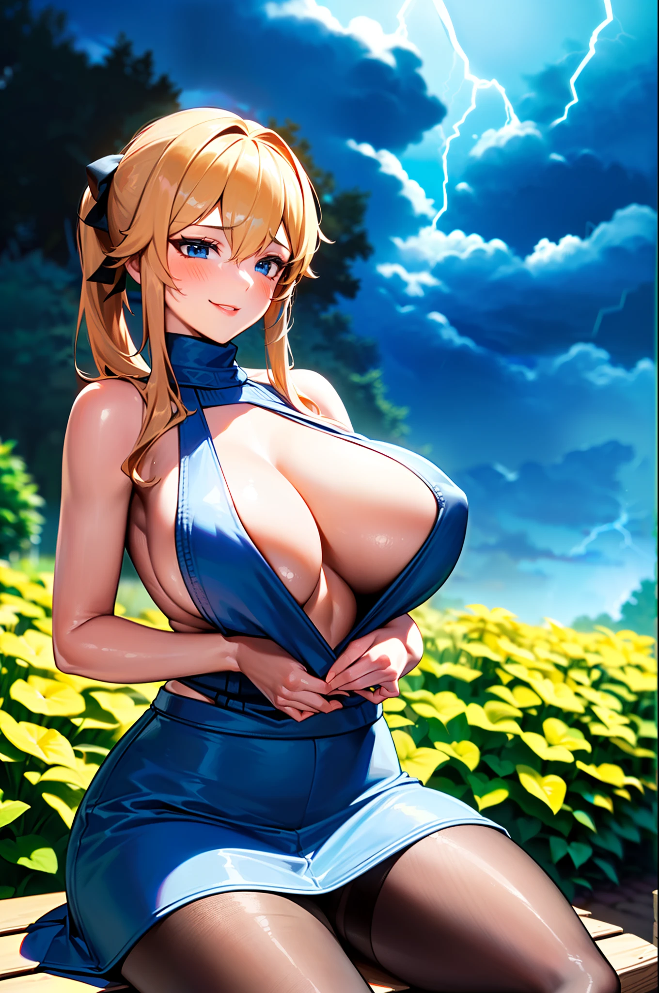 masterpiece, best quality, extremely detailed, 1girl, mature female, solo,  jeanrnd, (huge breasts:1.2), (((blonde hair, long hair, twintails, blue eyes))), parted lips, (((virgin killer sweater, medium grey skirt, black pantyhose))), ((naughty smile), closed mouth), ((sitting on a bench, garden, dark sky, storm clouds))