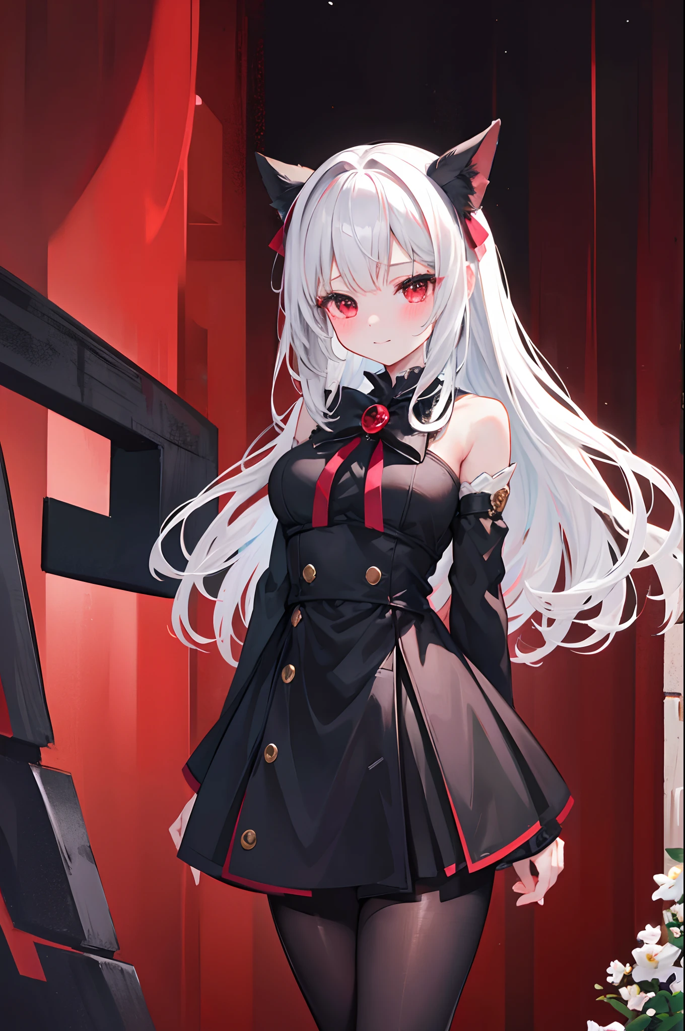 ((Masterpiece,best quality,high quality)),high resolution,high-res,8k, extremely detailed face, extremely detailed body, perfect face, perfect eyes,kawaii(cute),1girl, beautiful girl alone,black dress,long sleeves, black tights,black hairbow,standing, arms behind back, looking at viewer,long hair,shiny white hair,(white hair),red eyes,happy, light smile,blush, cinematic forest background,