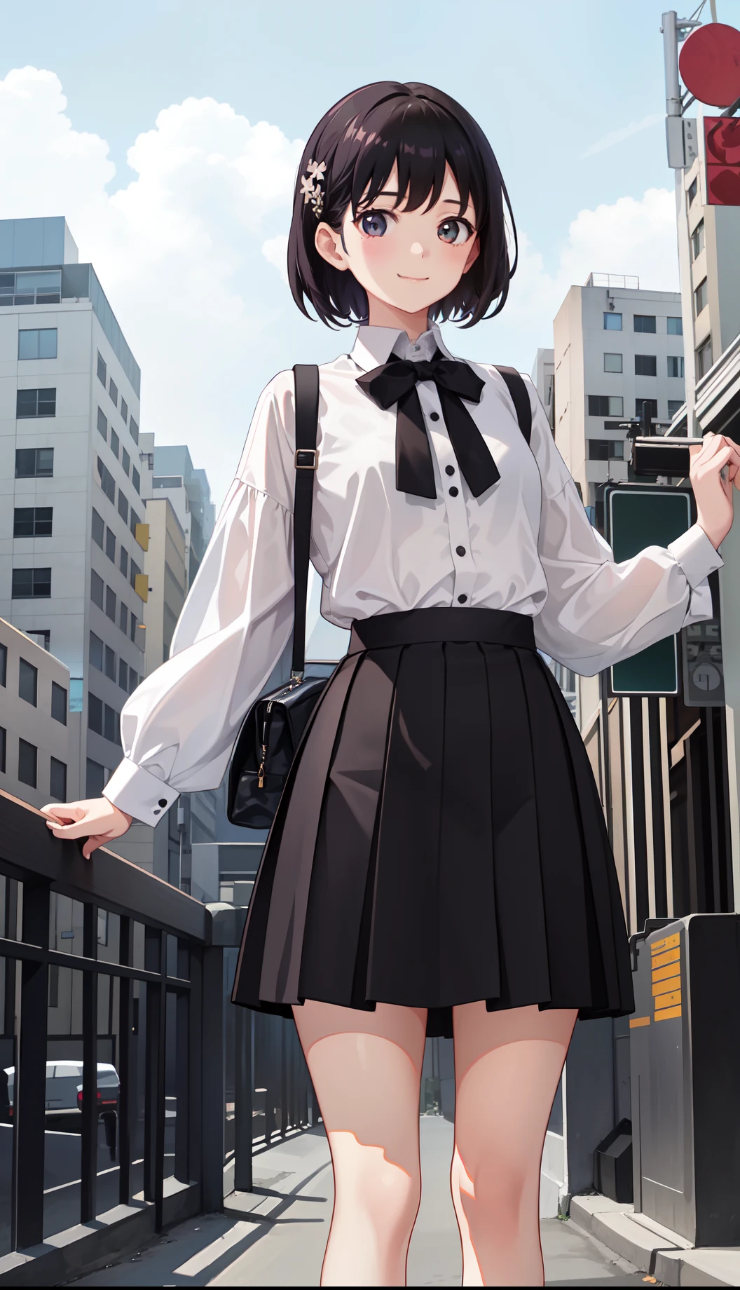 1girl in、A smile、The shirt、Blouse、（paler）skirt by the、（small tits）Chilarism、movement、