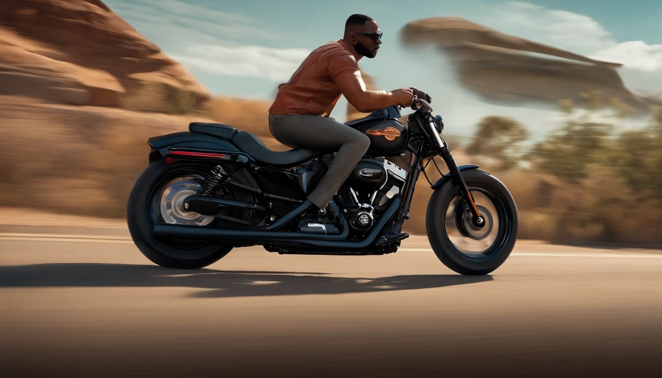 a 3D Disney Pixar style poster of a black man, vestido com farda operacional, with sunglasses, pilotando uma Harley Davidson 883 em um passeio de motocicleta