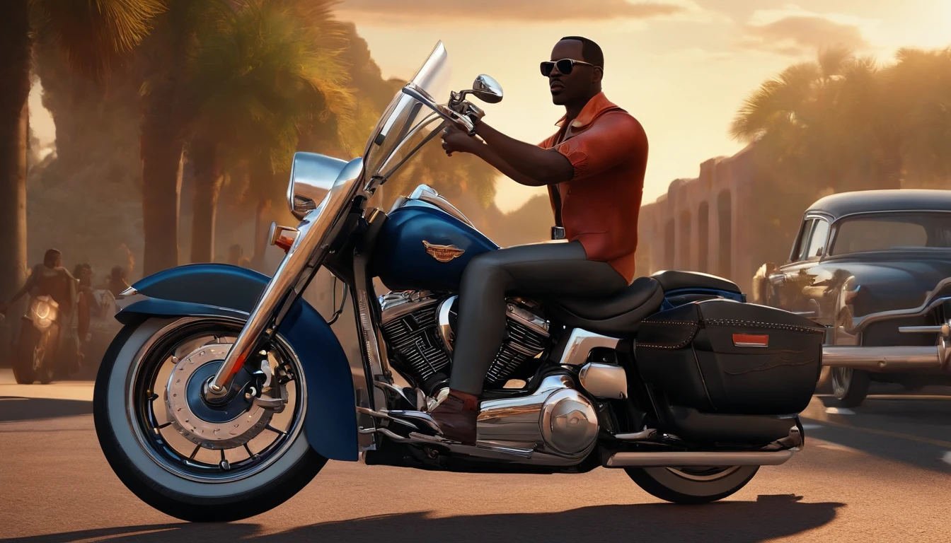 a 3D Disney Pixar style poster of a black man, vestido com farda operacional, with sunglasses, pilotando uma Harley Davidson 883 em um passeio de motocicleta