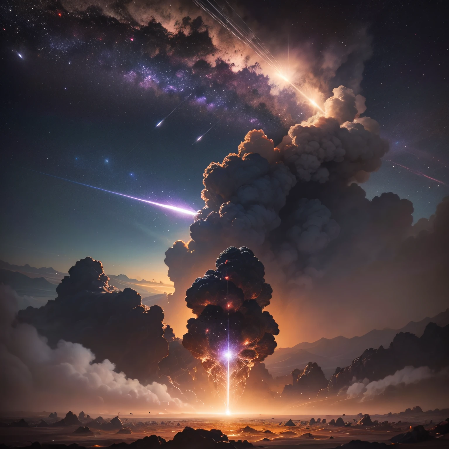 An incredible number of meteorites breaking through the atmosphere, decisive moment, cinematic lighting, (masterpiece), (best quality), (super high detail), (perfect composition)