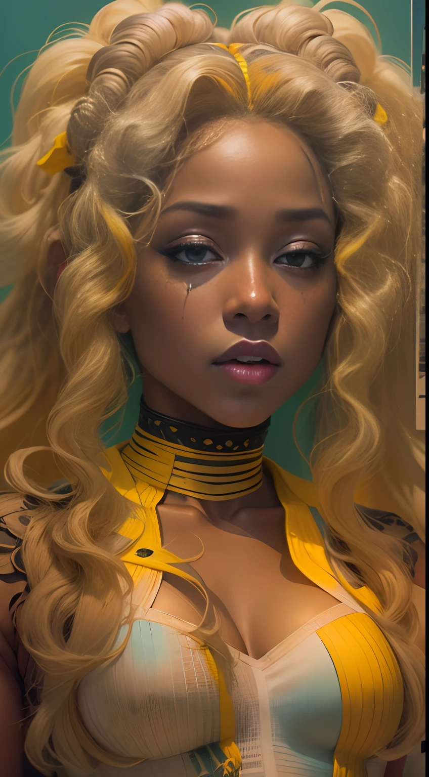 pretty young ebony woman, makeup clown, yellow hair, abs, portrait, green background, perfect composition, beautiful detailed intricate insanely detailed octane render trending on artstation, 8 k artistic photography, photorealistic concept art, soft natural volumetric cinematic perfect light, chiaroscuro, award - winning photograph, masterpiece, oil on canvas, raphael, caravaggio, greg rutkowski, beeple, beksinski, giger