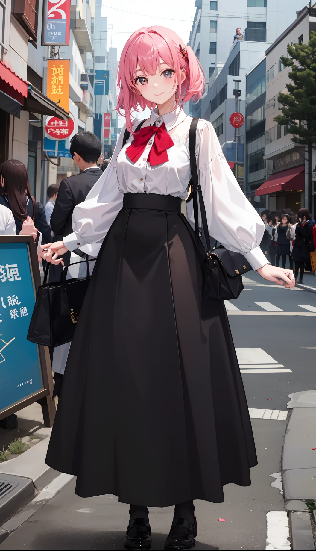 1girl in、A smile、The shirt、Blouse、（paler）skirt by the、（small tits）Chilarism、movement、