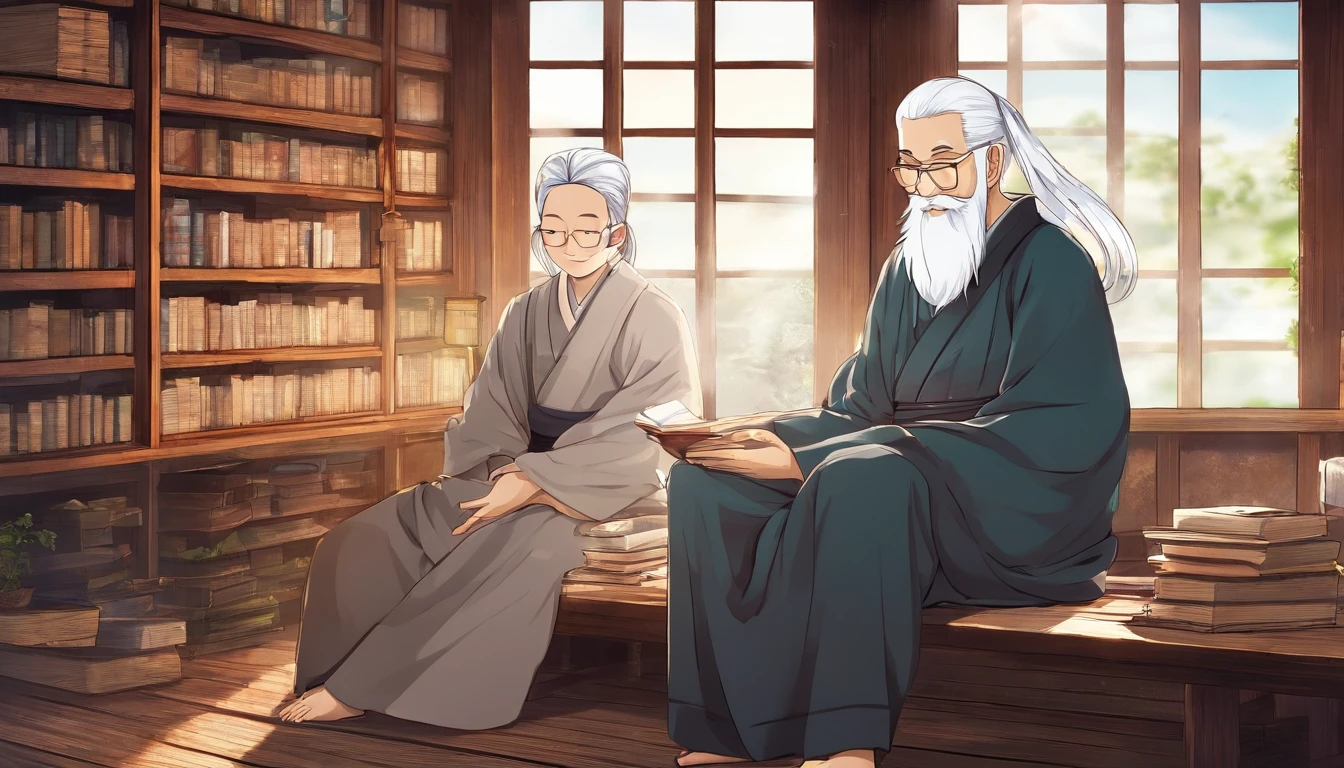 old zen master and his young pupil sitting together in a wooden cottage, teaching lessons, surrounded by books