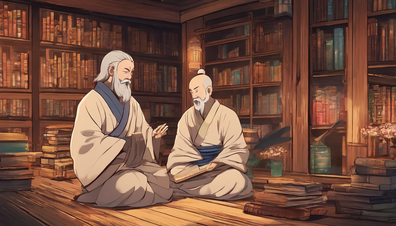 old zen master and his young pupil sitting together in a wooden cottage, teaching lessons, surrounded by books