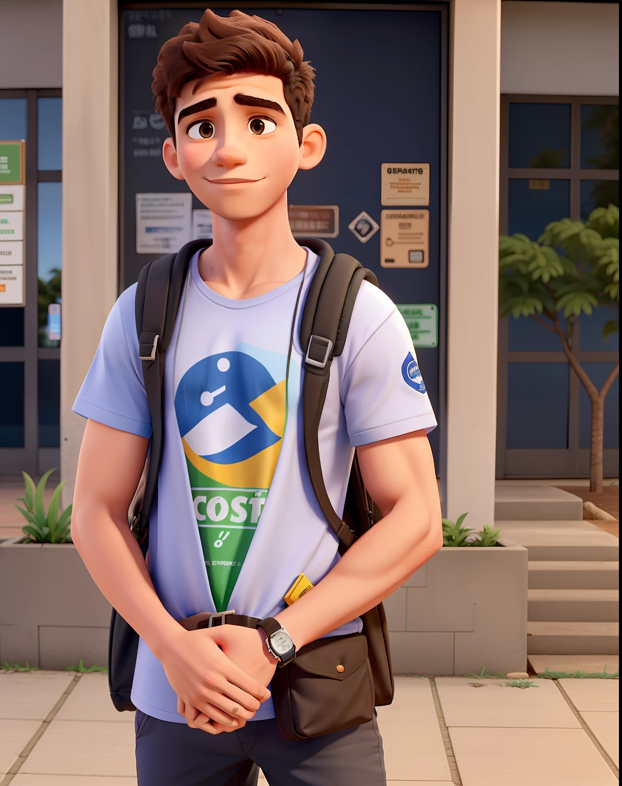 Um jovem menino estudante, parado em frente a uma universidade, com muchila as costa, vestido com uma camisa rasgada.