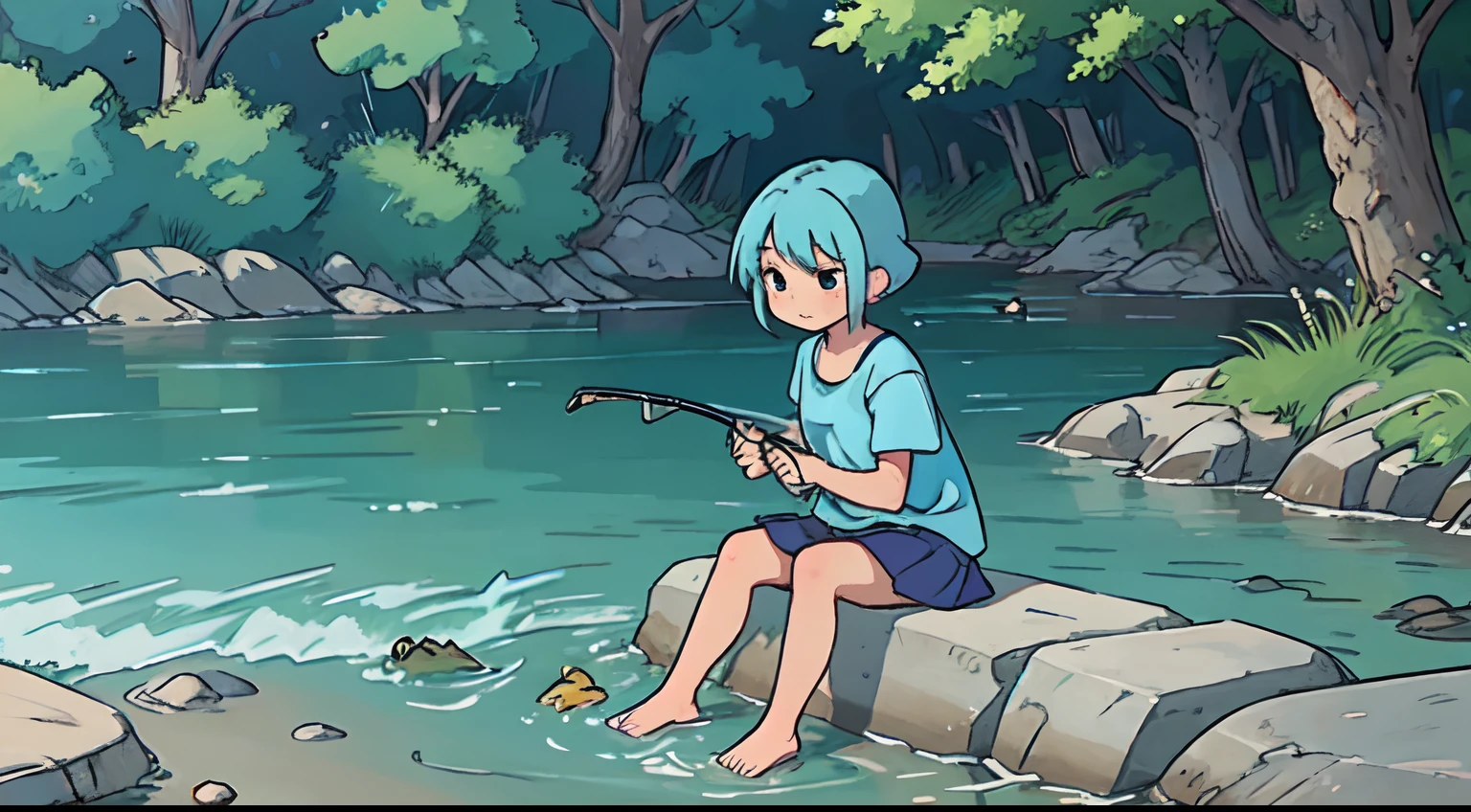 Fishing in the river, summer, Sit under a tree near the rocks, girl, yellowish blue hair, hd, tired face,barefoot,loli,Wearing a blue t-shirt, short skirt,Catching fish,