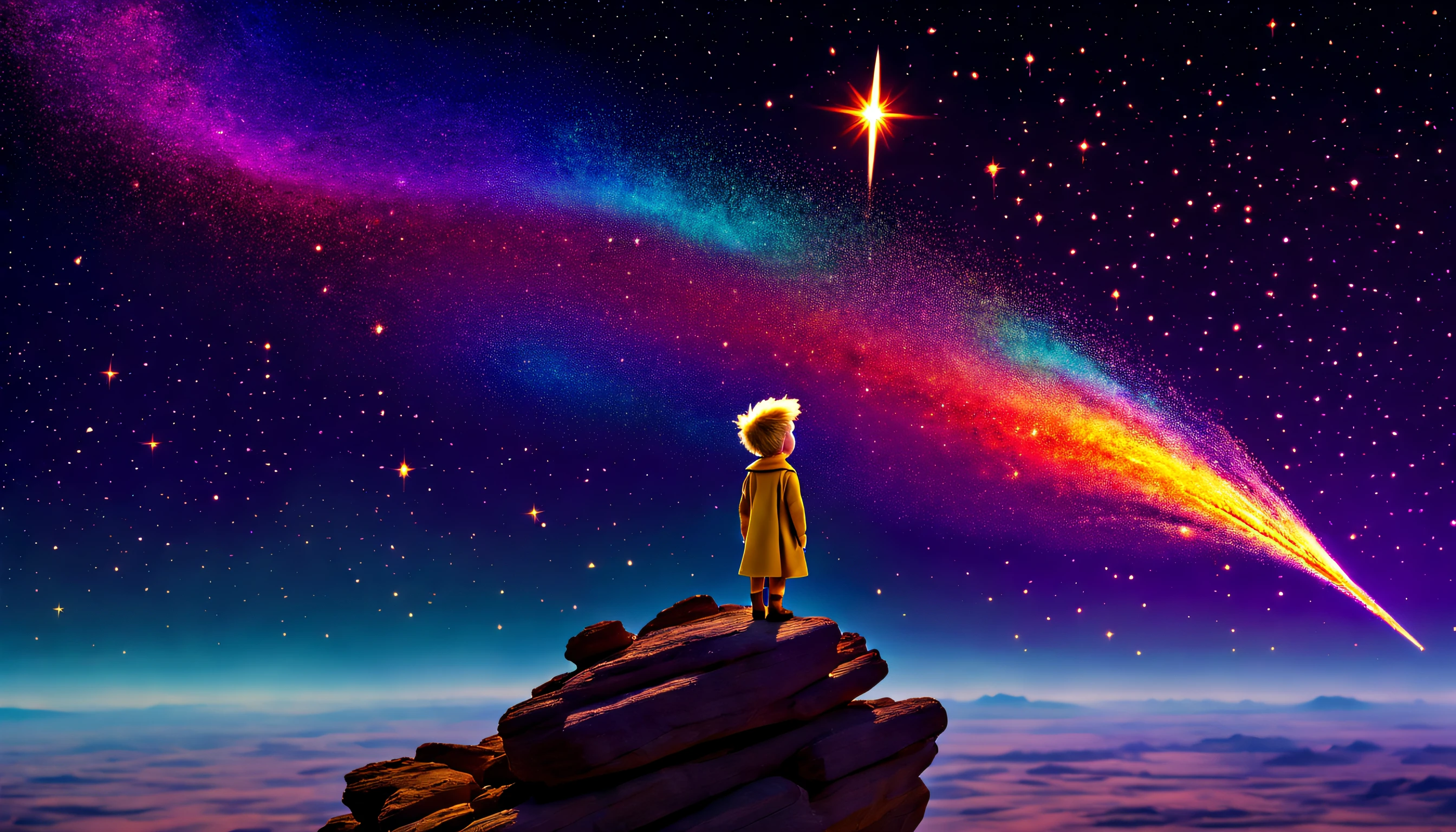 The Little Prince atop a majestic, multi-hued meteor, as it soars through the starry cosmos, showering vibrant celestial dust and evoking a sense of infinite awe and wonder.