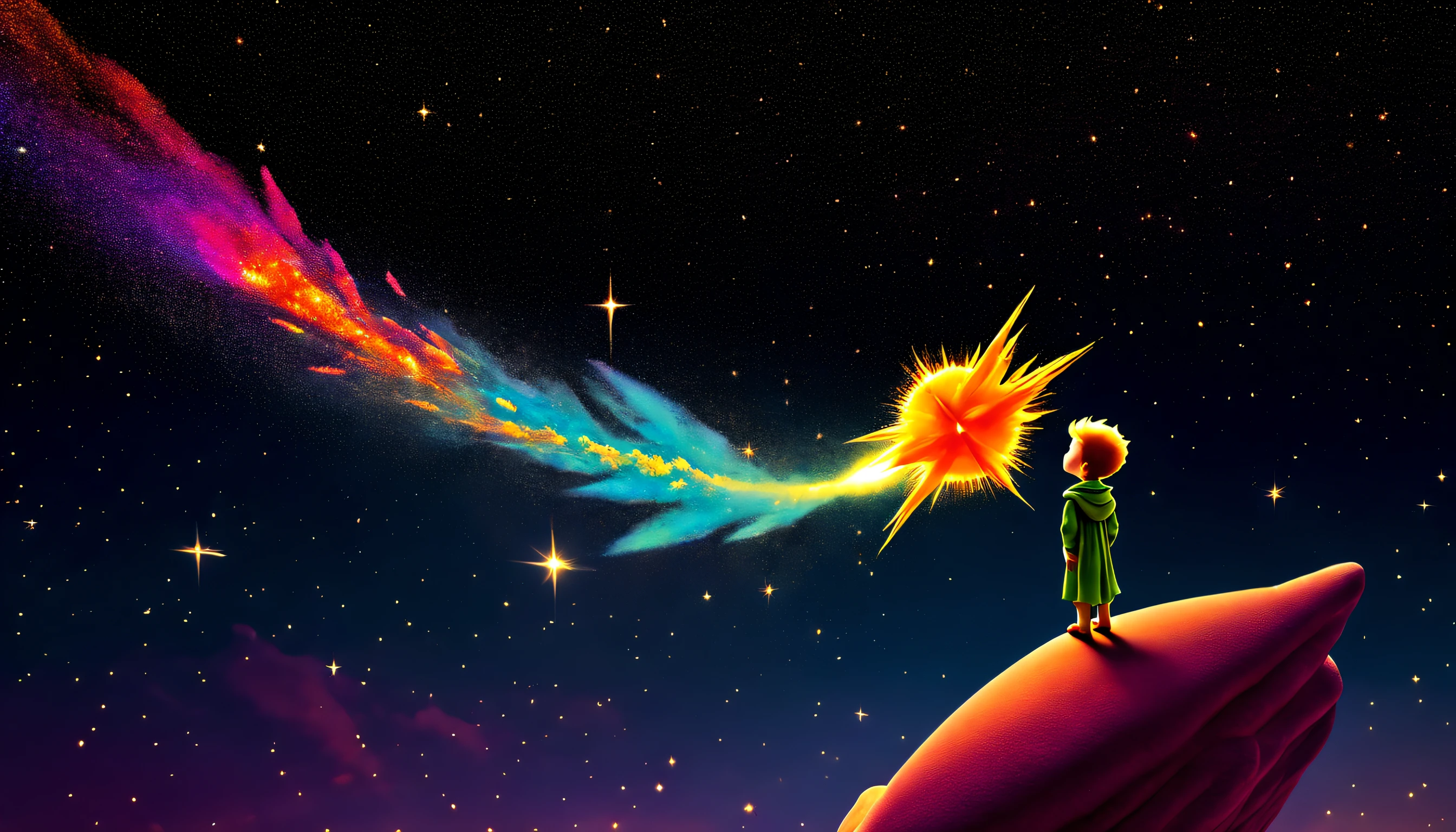 The  Prince atop a majestic, multi-hued meteor, as it soars through the starry cosmos, showering vibrant celestial dust and evoking a sense of infinite awe and wonder.