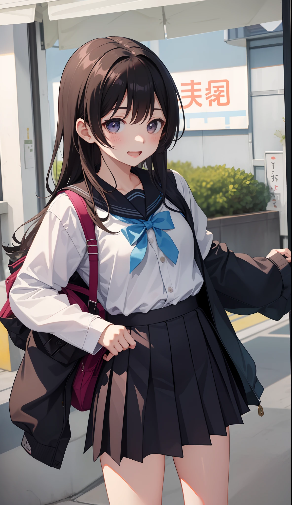 1girl in、AS-Adult、A smile、open open mouth、、be shy、The shirt、skirt by the、（small tits）Japan High School、校服、serafuku、Walking with a thigh、Upper body portrait、