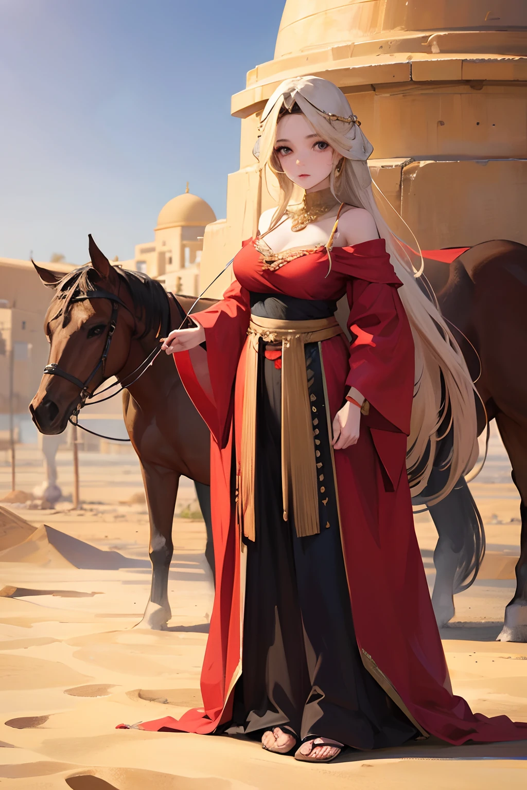 JasmineWaifu, Arabic costumes ,8K,Beautiful face, Realistic photos, off-the-shoulder shirts, Skirts are tied more, Long hair jewelry red arabic costume standing next to Arabian horse in the desert