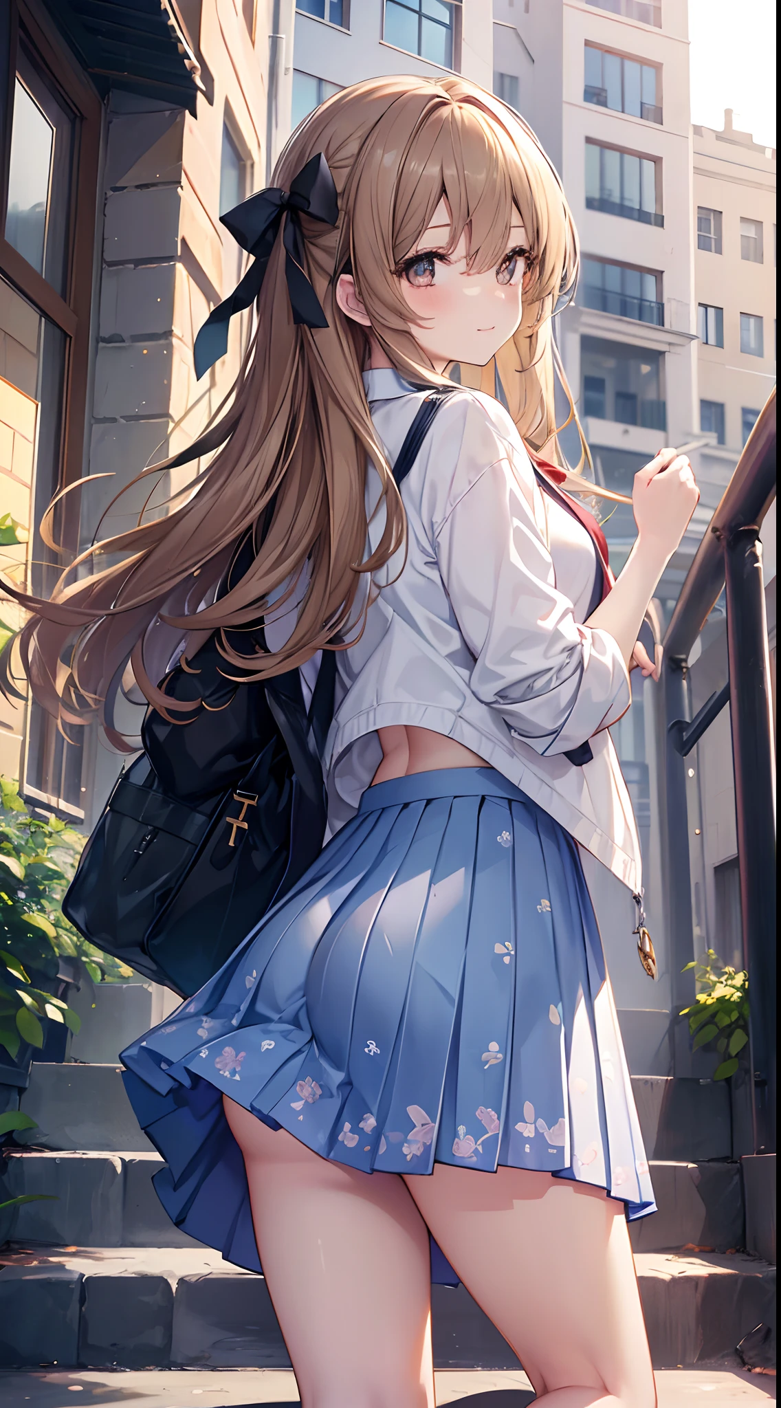 Golden head hair、(Brown Eye Degree:1.5)、One side up、Hair Ribbon、bow ribbon、long、Break the blazer、a blue skirt、jaket、pleatedskirt、student clothes、Summer clothes、BREAK (masterpiece:1.2)、top-quality、hight resolution、unity 8k wall paper、(illustratio:0.8)、(beatiful detailed eyes:1.6)、extra detailed face、Perfect litthing、Highly detailed CG、 (perfect hand、perfect anatomia)、Look at viewers、red blush、A smile、Standing on the school steps, (On the stairs), (lower body shot), Thigh Focus, (Taken from the bottom 1.3), (View from behind1.3)、 (Panties with a variety of patterns:1.3)、(Skirt that rolls up:1.3)、(Fully exposed panties:1.5),(Show your ass:1.3)