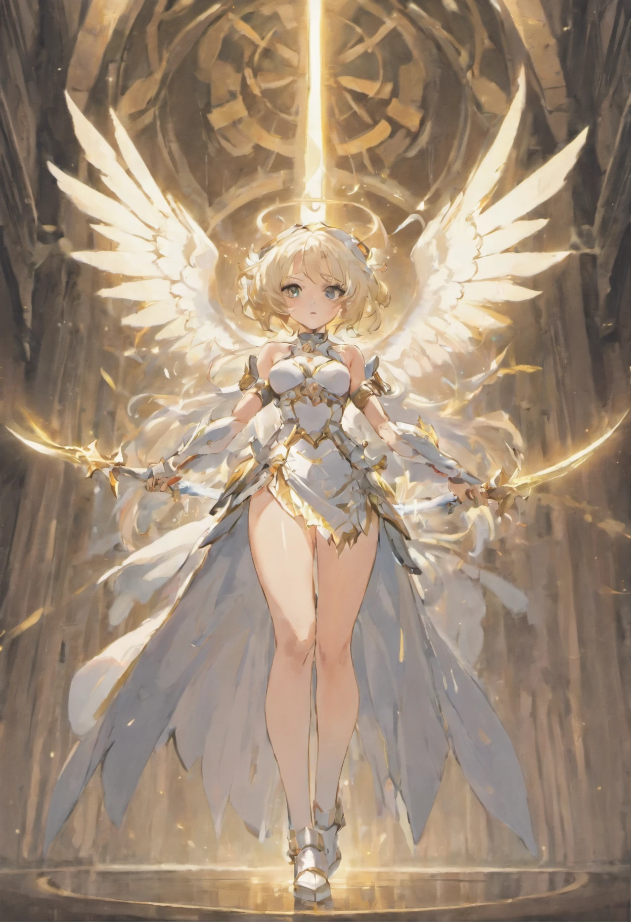 1woman, seductive, tall, big breasts, white iron armor, white wings, long sword, shiny sword, white skirt, white heels, thick thighs. Goddess.