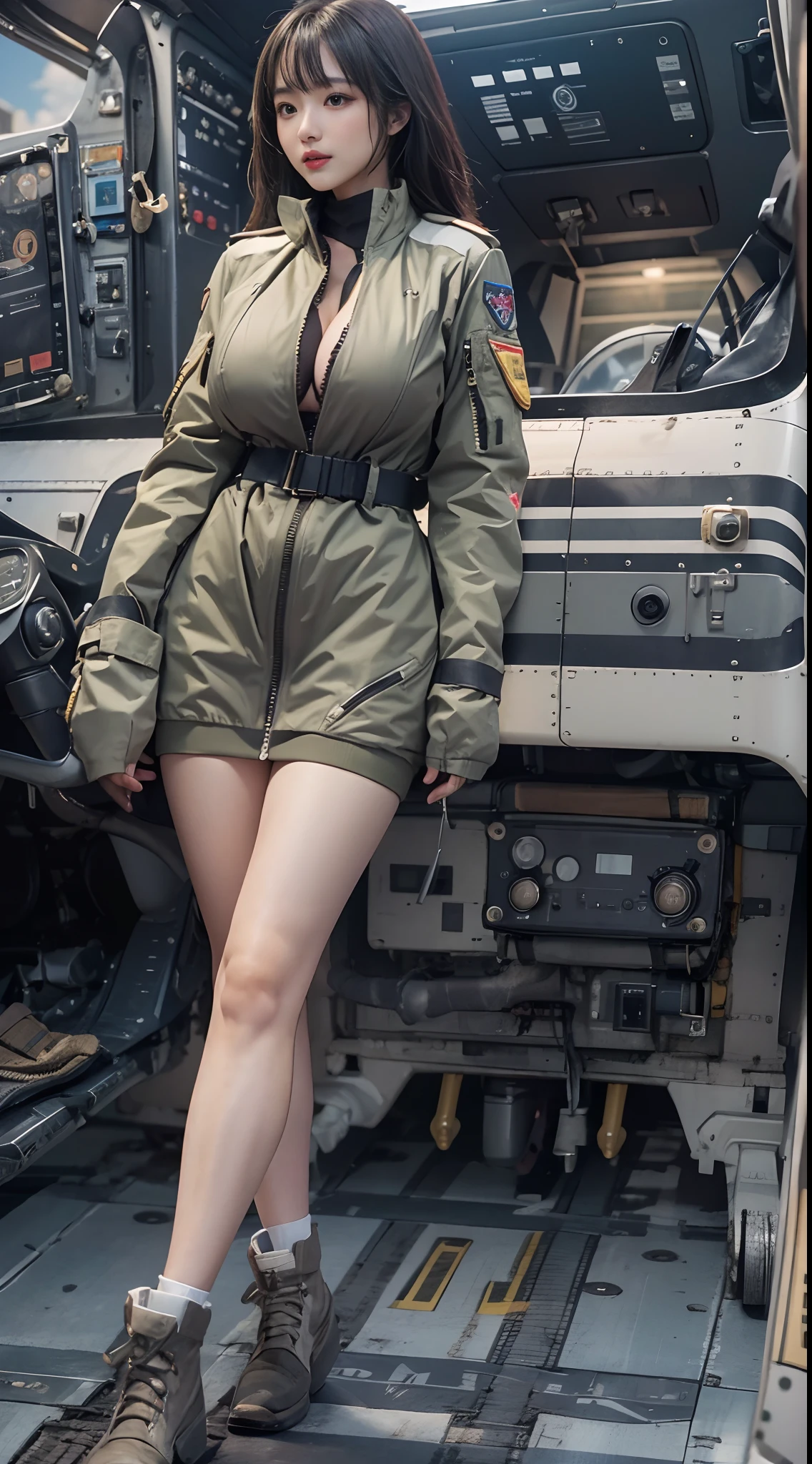 Standing on the cockpit of a fighter jet、Only panties under the MA1 jacket、One beautiful woman、huge tit、cleavage of the breast、beauty legs、((full bodyesbian))