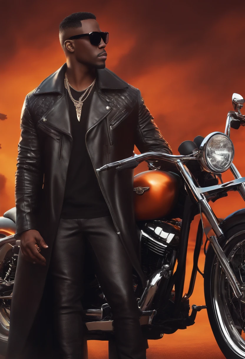 a 3D Disney Pixar style poster of a black man, vestido com farda operacional, with sunglasses, with an 883 Harley Davidson next to him in an apocalyptic scenario