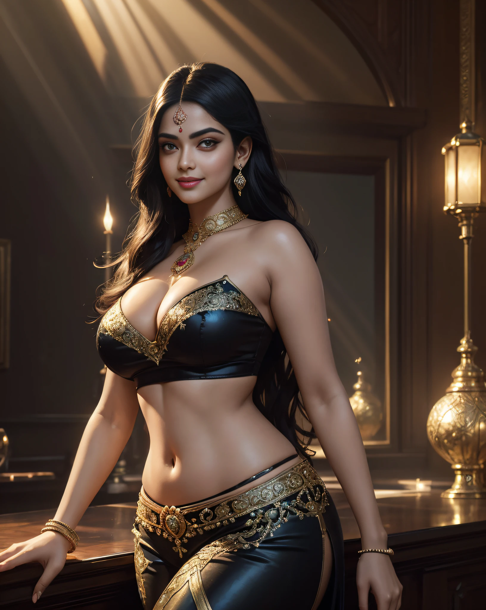 (masterpiece oil painting:1.3) of a (solo:1.3) ravishing curvy tall seductress Aishwarya Priyadarshan as an Assassin, at an mysterious ornate bar, wearing sexy designer sequined crop top & low waist flared pants, deep neck, navel, luscious glossy lips, (ravishing glossy wavy backlit hair), diamond jewelry, (big intricate eyes:1.3), (seductive smile:1.3) soft dramatic lighting, seductive tension, busy background, backlit, light rays, highly detailed, trending on artstation, paint splashes, rich colour, fantasy portrait, by atey ghailan & greg Rutkowski