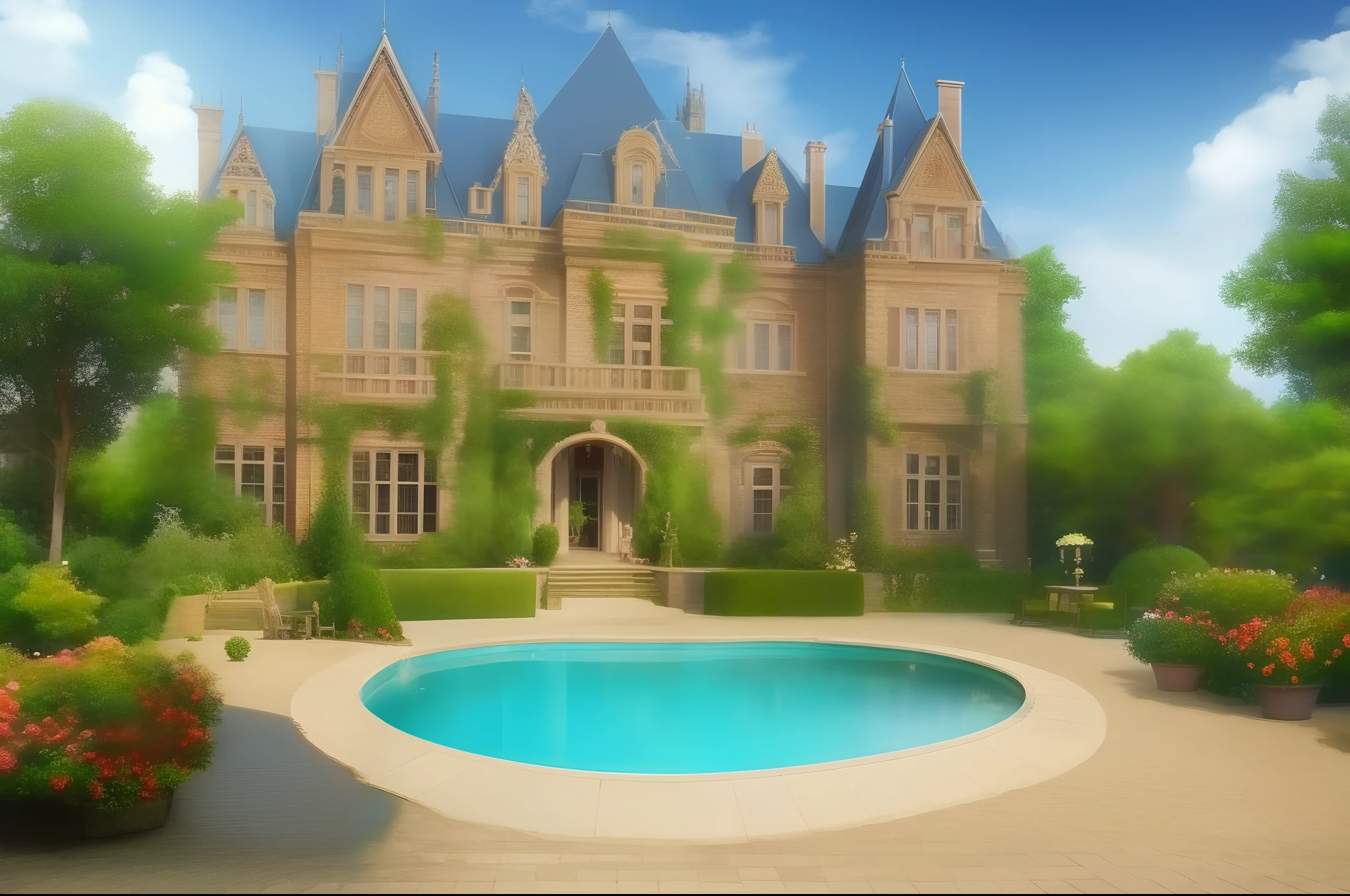 Big Victorian mansion with a garden and a pool