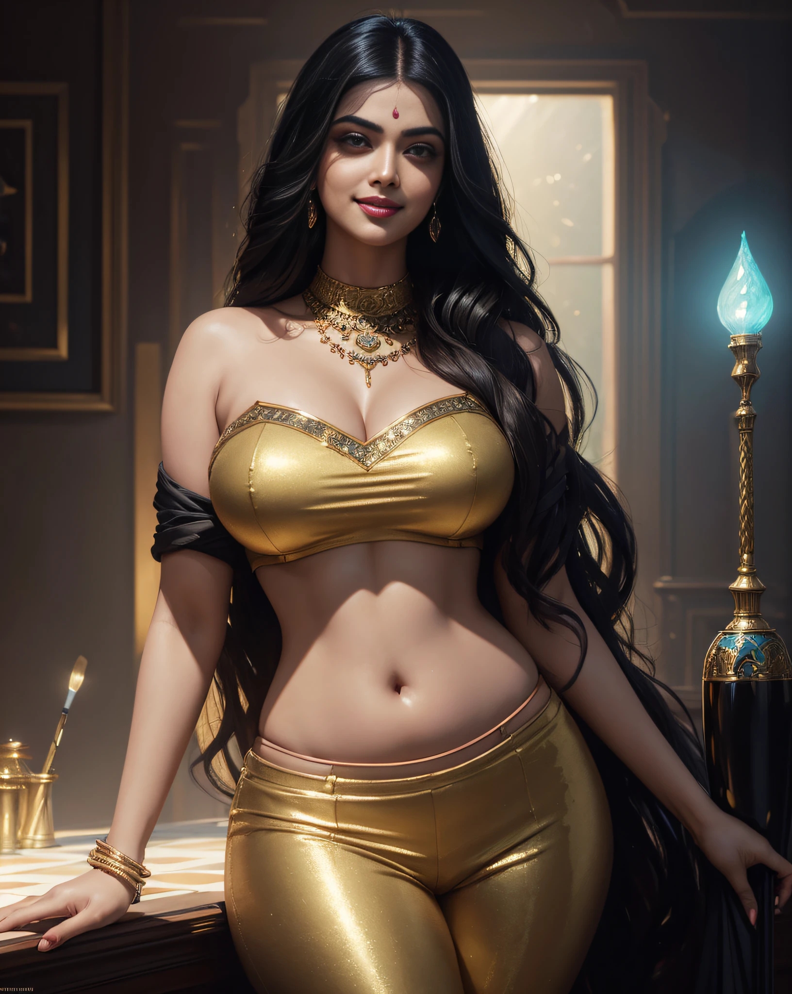 (masterpiece oil painting:1.3) of a (solo:1.3) ravishing curvy tall seductress Aishwarya Priyadarshan as an Assassin, at an mysterious ornate bar, wearing sexy designer sequined crop top & low waist flared pants, deep neck, navel, luscious glossy lips, (ravishing glossy wavy backlit hair), diamond jewelry, (big intricate eyes:1.3), (seductive smile:1.3) soft dramatic lighting, seductive tension, busy background, backlit, light rays, highly detailed, trending on artstation, paint splashes, rich colour, fantasy portrait, by atey ghailan & greg Rutkowski