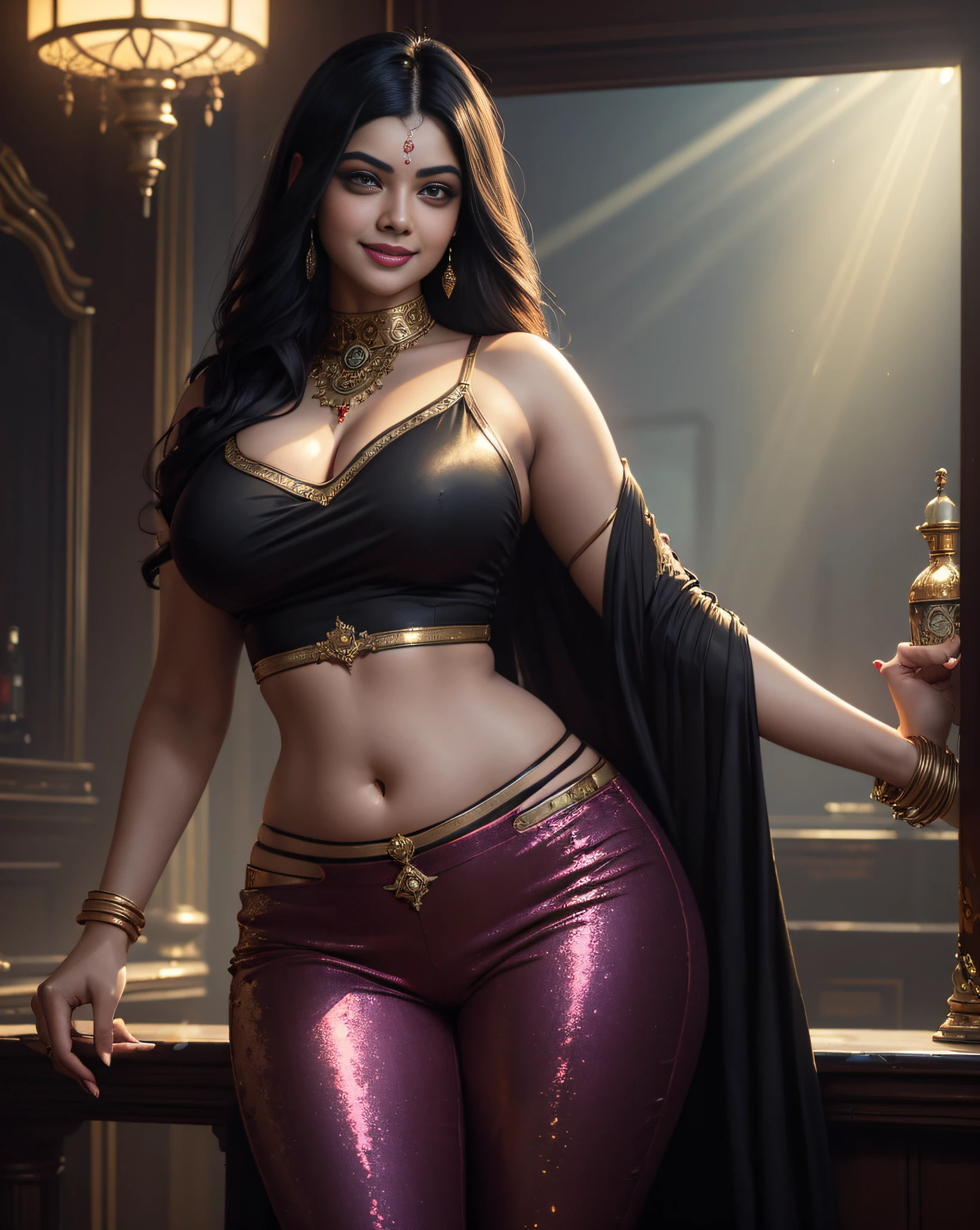 (masterpiece oil painting:1.3) of a (solo:1.3) ravishing curvy tall seductress Aishwarya Priyadarshan as an Assassin, at an mysterious ornate bar, wearing sexy designer sequined crop top & low waist flared pants, deep neck, navel, luscious glossy lips, (ravishing glossy wavy backlit hair), diamond jewelry, (big intricate eyes:1.3), (seductive smile:1.3) soft dramatic lighting, seductive tension, busy background, backlit, light rays, highly detailed, trending on artstation, paint splashes, rich colour, fantasy portrait, by atey ghailan & greg Rutkowski