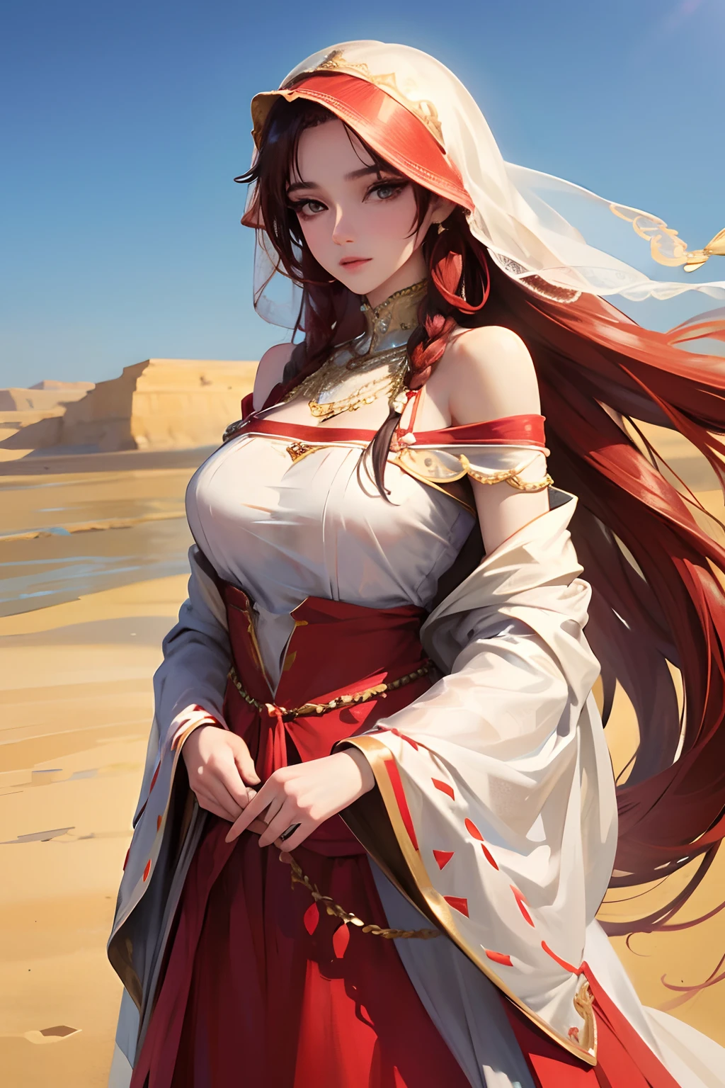 anime, 1girl, solo, large beasts, orange indian dress, detailed pattern, detailed clothing, bare shoulder, thighs, orange hair, shining eyes, eyes shadow, lip, rocks, cowboy shot, perfact female figure, standing, detailed background, rocks,