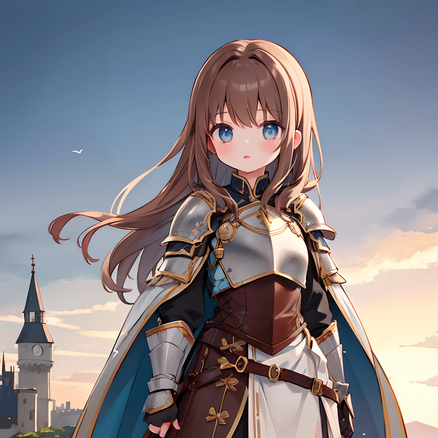 1 girl with brown hair, cute style, (knight armor), masterpiece, hd, summit castle background