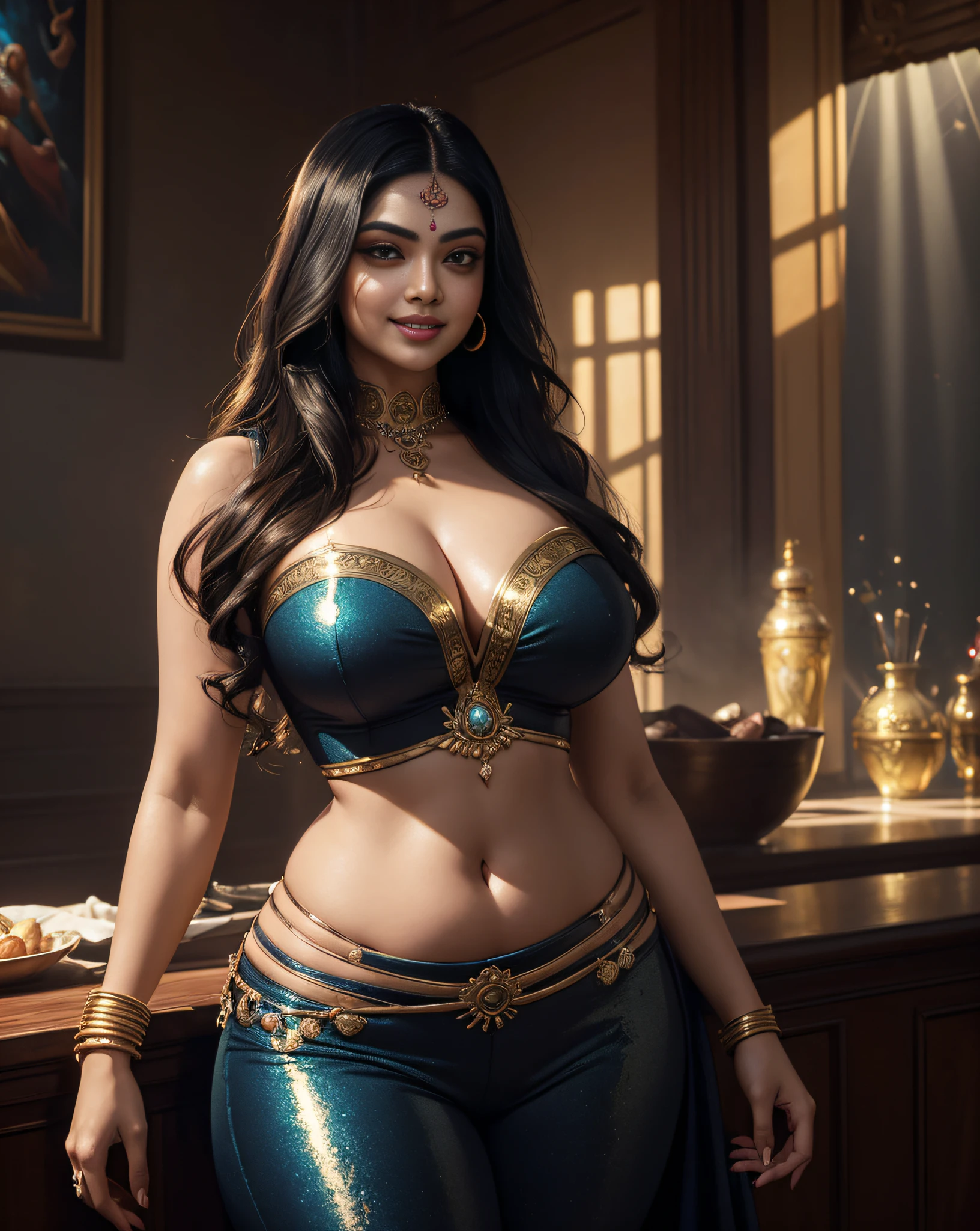 (masterpiece oil painting:1.3) of a (solo:1.3) ravishing curvy tall seductress Aishwarya Priyadarshan as an Assassin, at an mysterious ornate bar, wearing sexy designer sequined crop top & low waist flared pants, deep neck, navel, luscious glossy lips, (ravishing glossy wavy backlit hair), diamond jewelry, (big intricate eyes:1.3), (seductive smile:1.3) soft dramatic lighting, seductive tension, busy background, backlit, light rays, highly detailed, trending on artstation, paint splashes, rich colour, fantasy portrait, by atey ghailan & greg Rutkowski