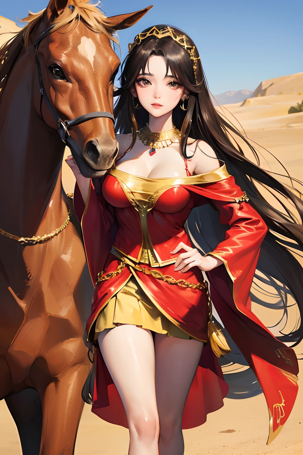 JasmineWaifu， Arabic costumes ，8K，Beautiful face， Realistic photos, off-the-shoulder shirts, Skirts are tied more, Long hair jewelry red arabic costume standing next to Arabian horse in the desert