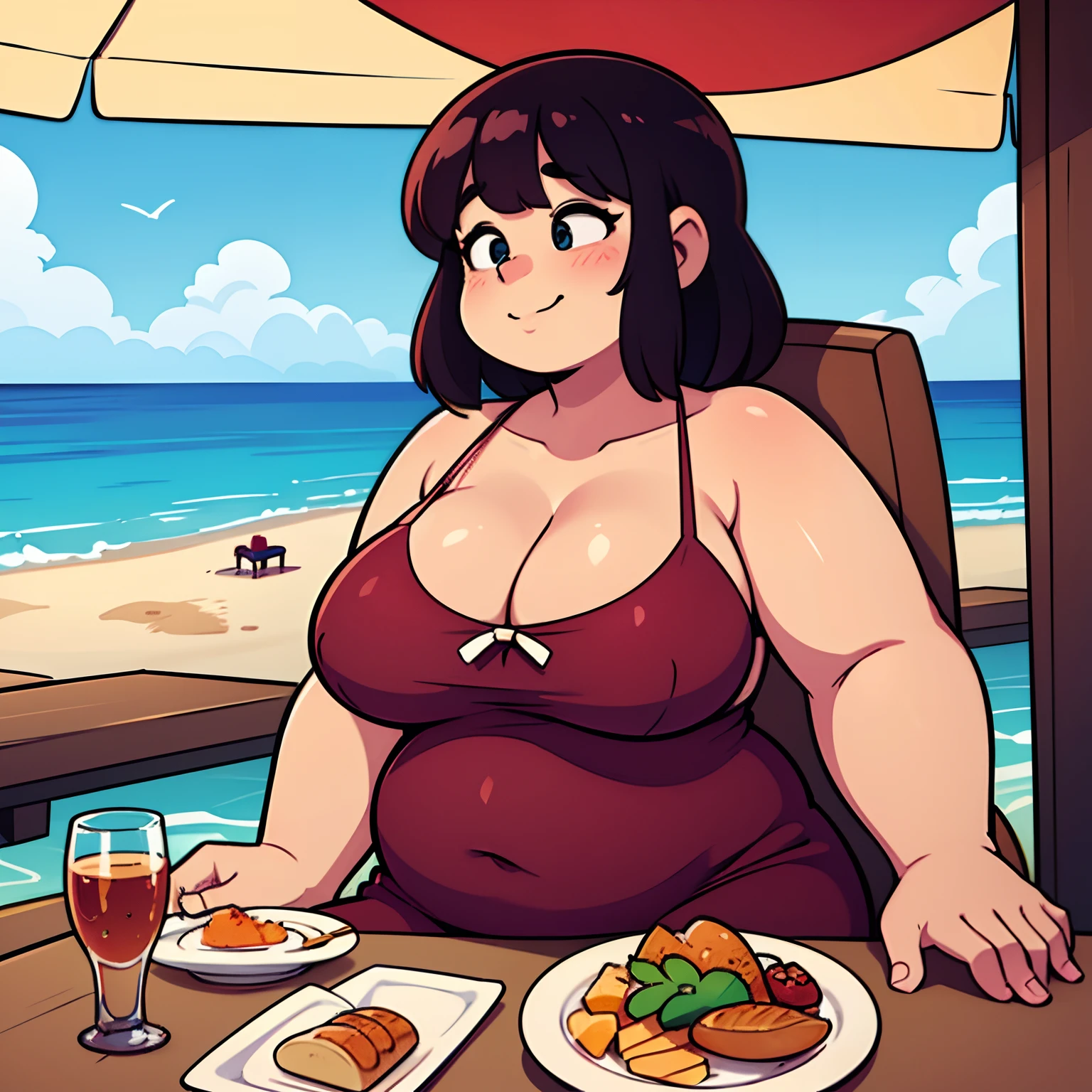 Very overweight woman sitting in a chair at a fancy beach resort restaurant, sitting behind a table, food on the table, wearing a beautiful furled multilayered dress, very fat body, extremely large belly, fat belly, big breasts,