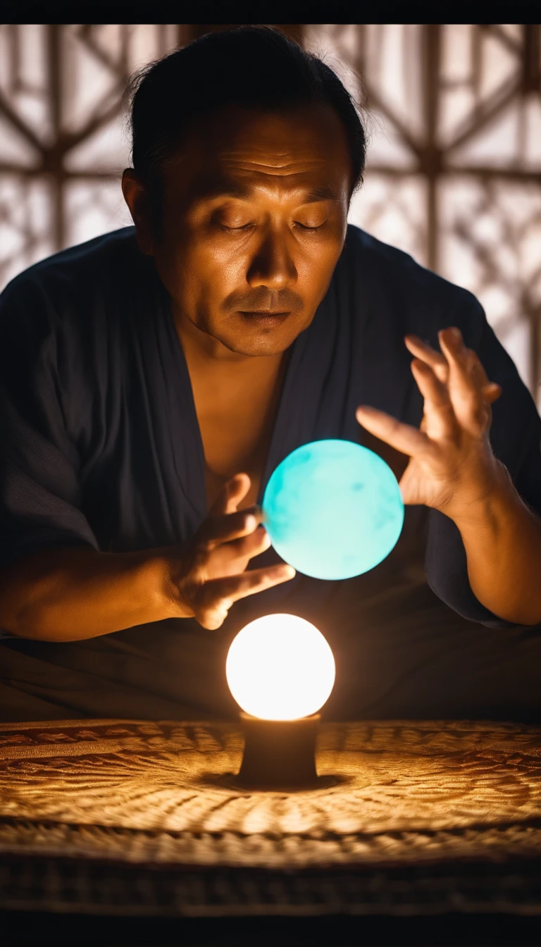 Close-up of a 30-year-old middle-aged Asian man，Holding a glowing ball in your hand, Chirayata Basu，Cross-legged sitting meditation ignites the aura of magic around you，taoist master,taoist