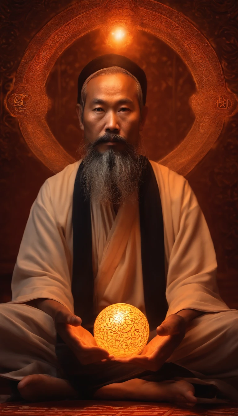 Close-up of a 30-year-old middle-aged Asian man,Holding a glowing ball in your hand, Chirayata Basu,Cross-legged sitting meditation ignites the aura of magic around you,taoist master,taoist