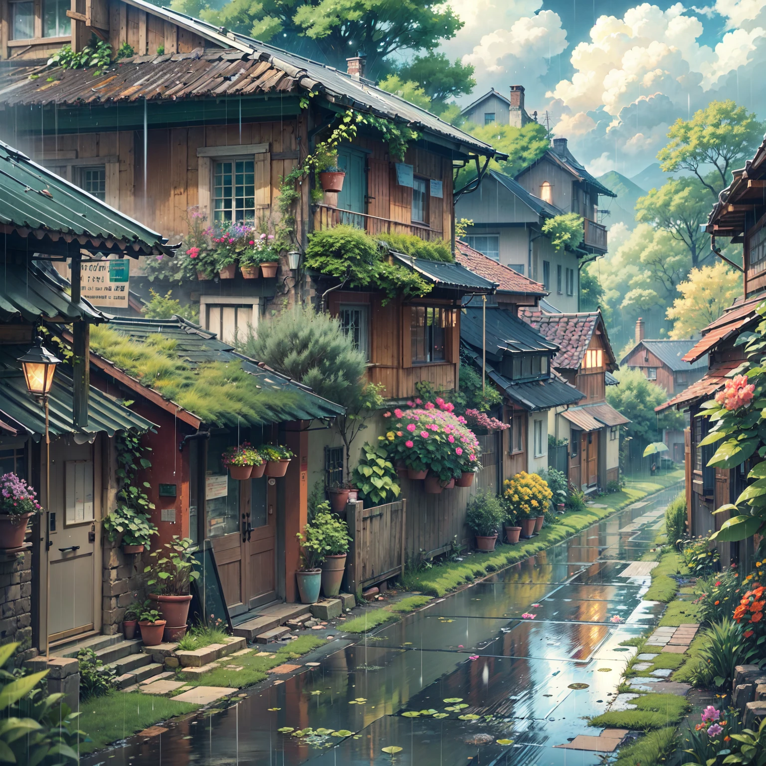 anime scenery of a village with a path and a house, anime countryside landscape, anime background art, beautiful anime scenery, beautiful anime scene, anime landscape, anime scenery, painted in anime painter studio, anime scenery concept art, anime nature, anime beautiful peace scene, anime landscape wallpaper, beautiful anime artwork, scenery artwork, anime lush john 8k woods, raining, gloomy weather, narrow compact street, heavy rain, rain falling from the sky, visible rain drops, rain, raining, rainbow