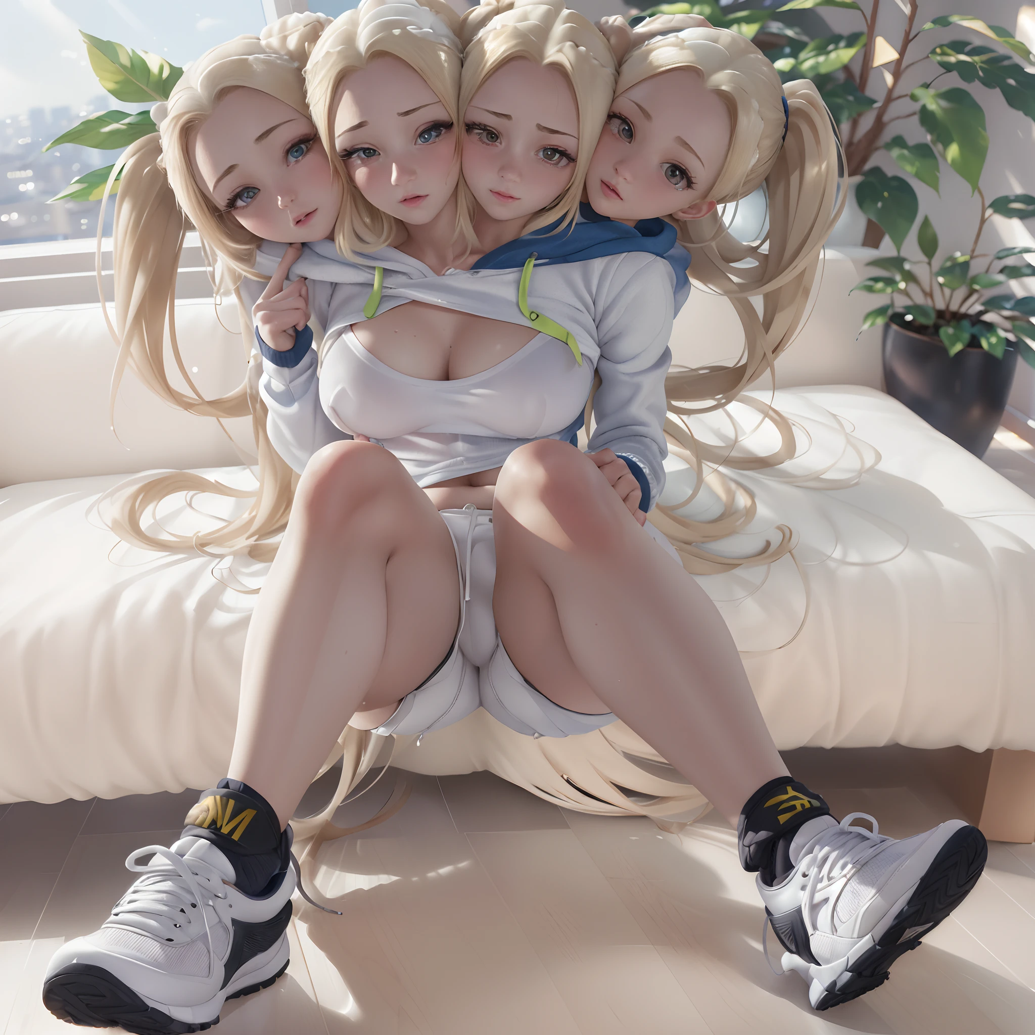 (ultra realisic, A highly detailed: 1.4), beste-Qualit, Masterpiece 3 Girls, blonde woman, running, hoody, sweatpants, exteriors, sweats, Tired, sneakers ((Three heads, 3 heads):1.4)