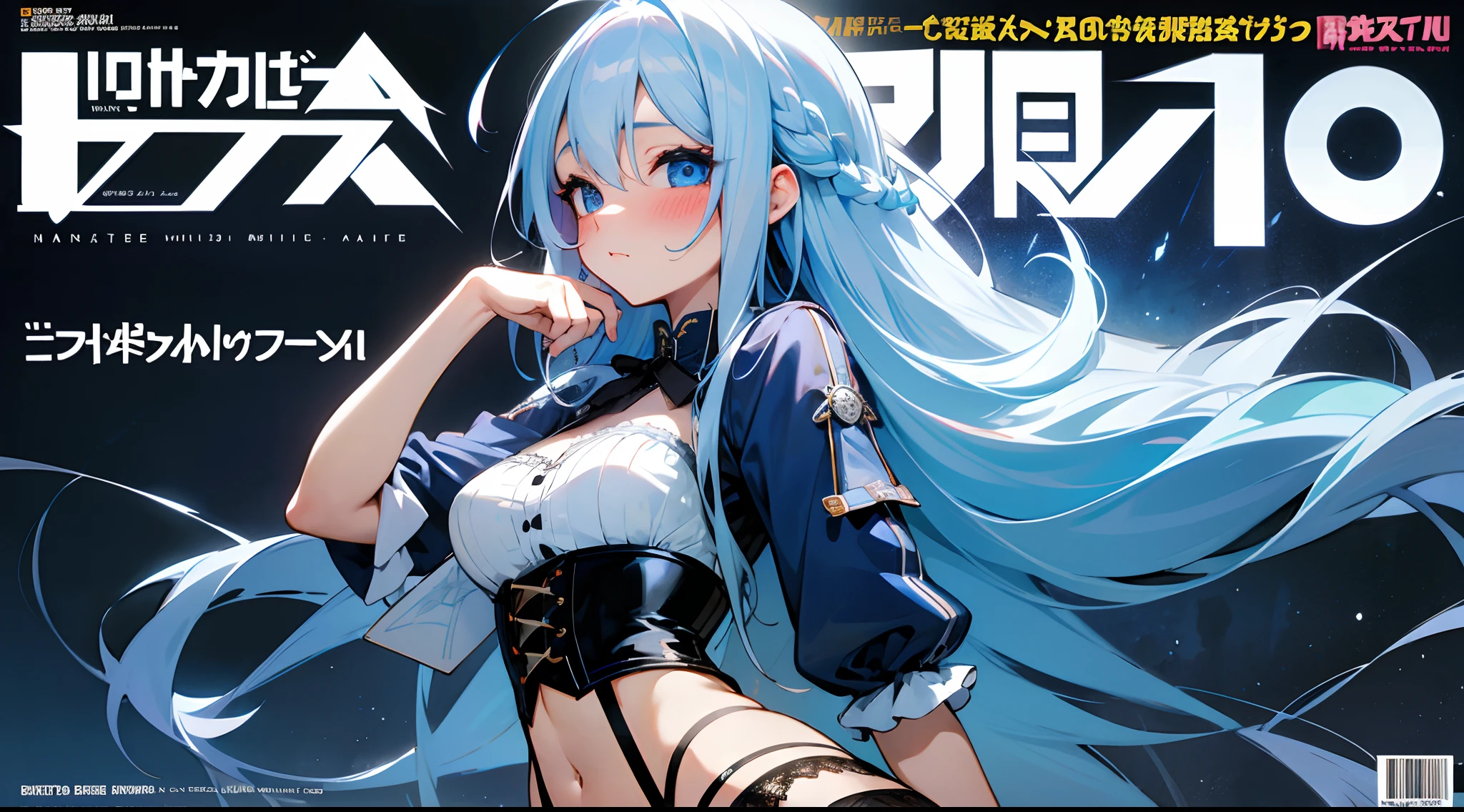 Cat-eared girl, solo, big, stitched face, closed mouth, long_hair, light smile, sea, blue hair, , , stitched_face, patchwork_skin, cowboy shot, (bikini), (wariza), (V-arm: 1.3), (hands between legs: 1.4),