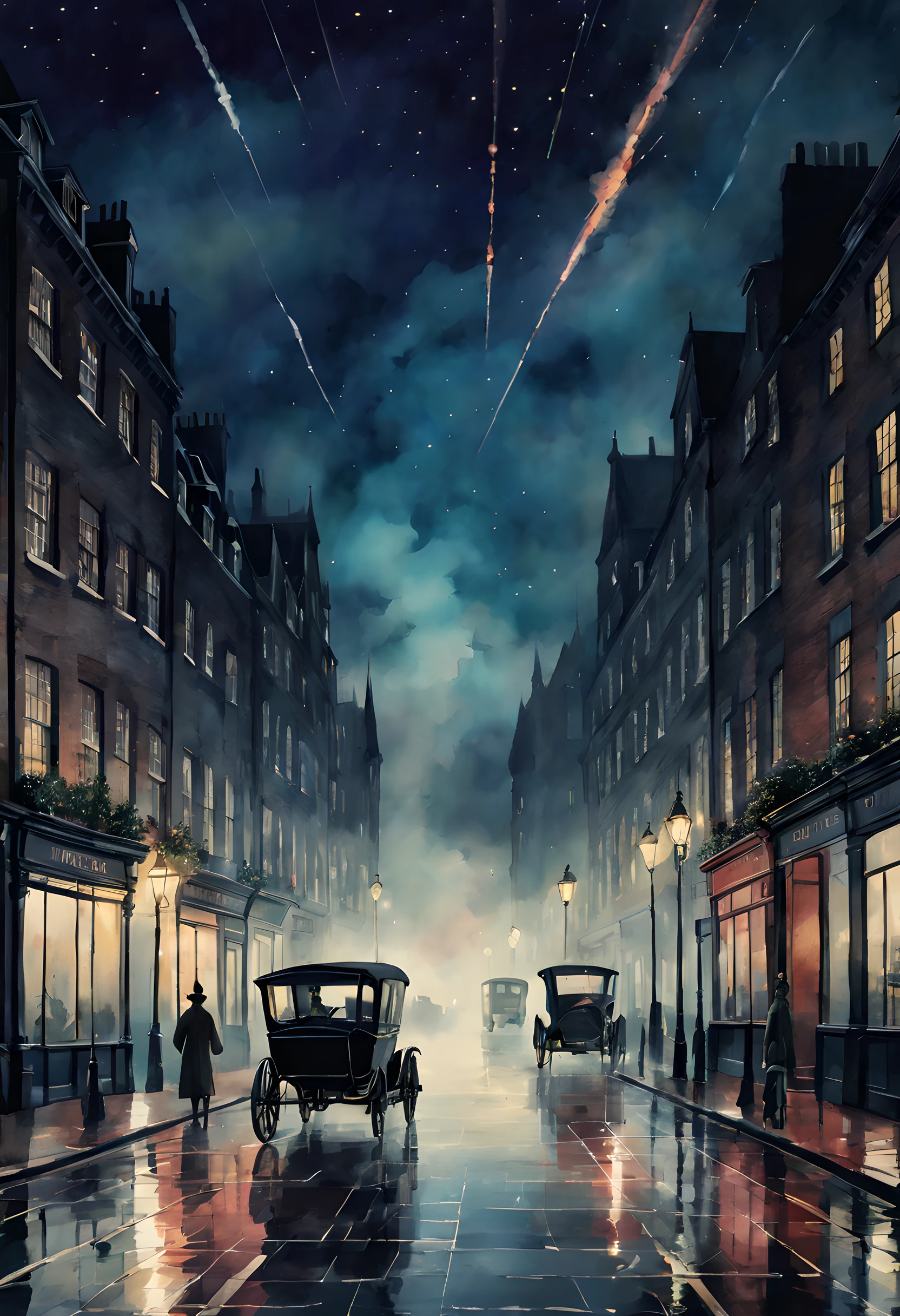 (meteor:1.5), (ink and watercolor painting:1.5), (Tasteful:1.5), (ink and watercolor painting:1.5), (full color:1.5), 8k, 4k, (magic:1.5), (dripping paint;1.5), (night London street:1.5), (1900s:1.5), (beautiful city lighting:1.5), (light reflection:1.3), (steam:1.5), (fog:1.5), (mist:1.5), (humid:1.5), (smog:1.5), ((Meteor:1.5), (magic:1.5), (fantasy:1.5), (centered image:1.5), (dark night sky:1.5), (starry sky:1.5), (cloud:1.5),, (Meteor:1.5), (shooting star:1.5), (Perseid meteor shower:1.5),(Meteor showers in the sky:1.5),