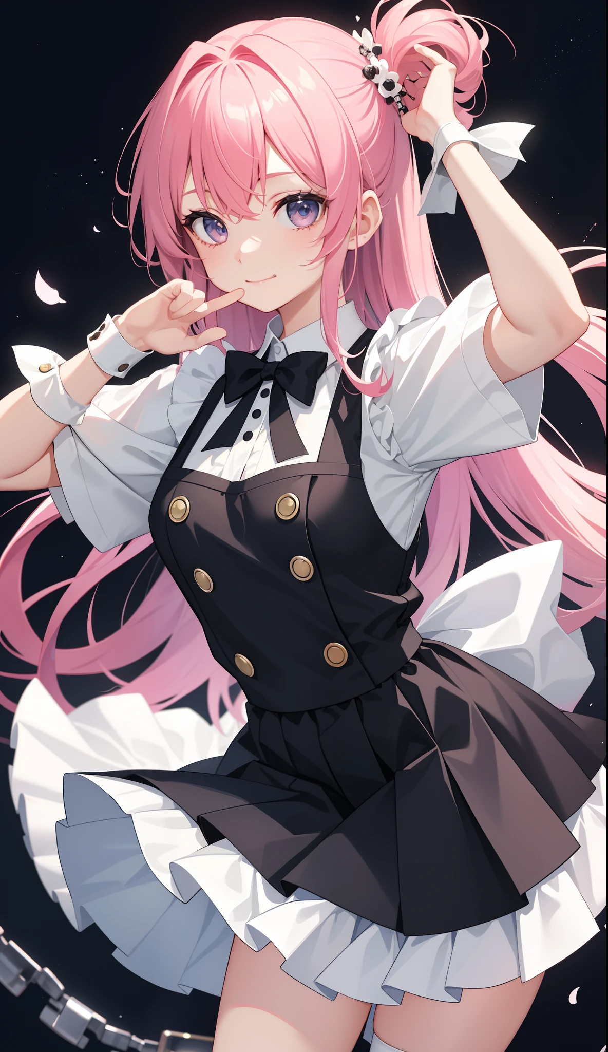 1girl in、AS-Adult、A smile、The shirt、skirt by the、(small tits)、doress、pinafore、Hair decoration、(Maid costume)、、Upper body portrait、movement、