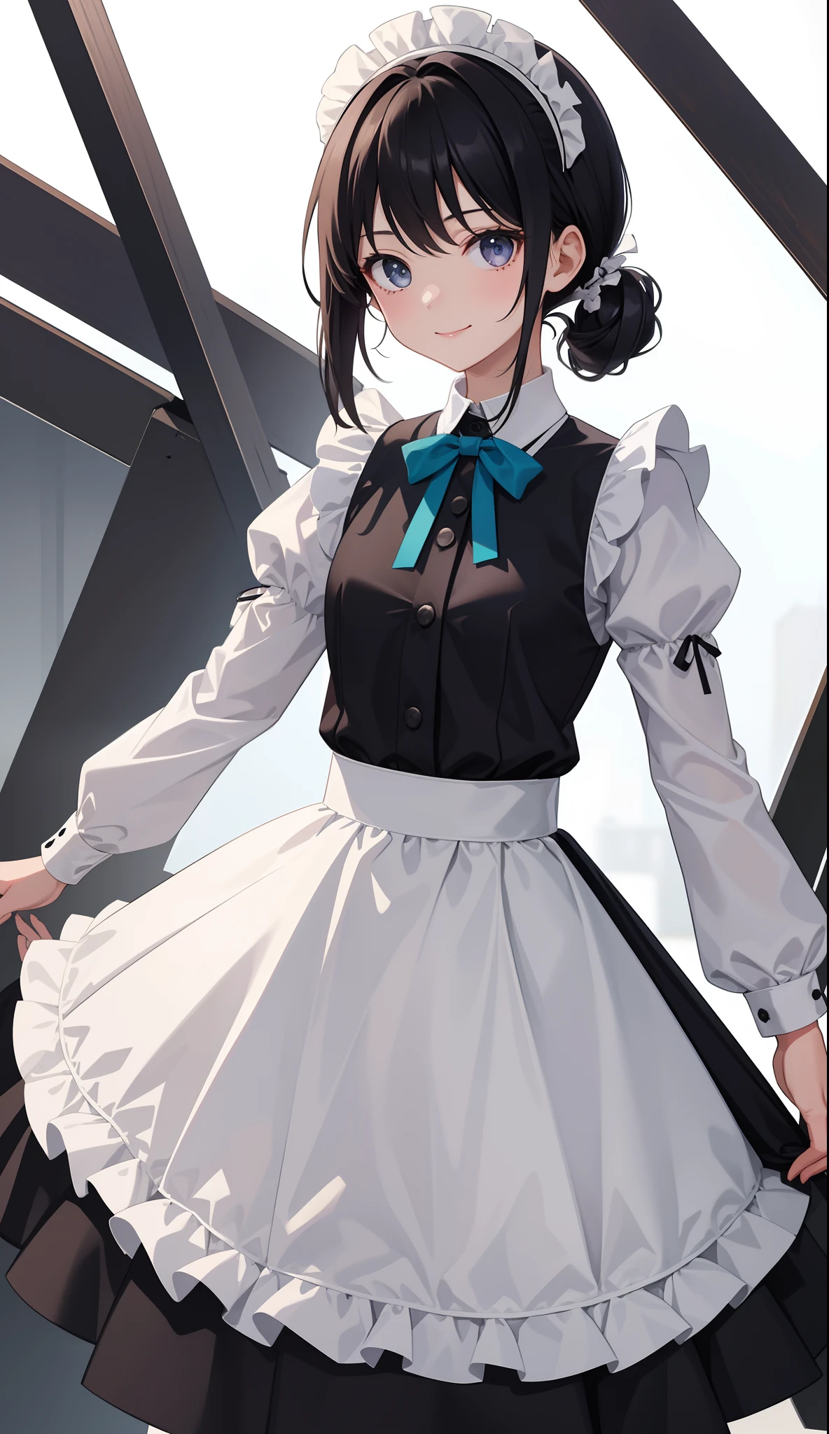 1girl in、AS-Adult、A smile、The shirt、skirt by the、(small tits)、doress、pinafore、Hair decoration、(Maid costume)、、Upper body portrait、movement、