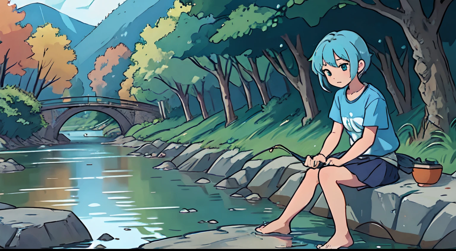 Fishing in the river,  Sit under a tree near the rocks, girl, yellowish blue hair, hd, tired face,barefoot,loli,Wearing a blue t-shirt, short skirt,Catching fish,Rainy weather, overlooking the river,autumn