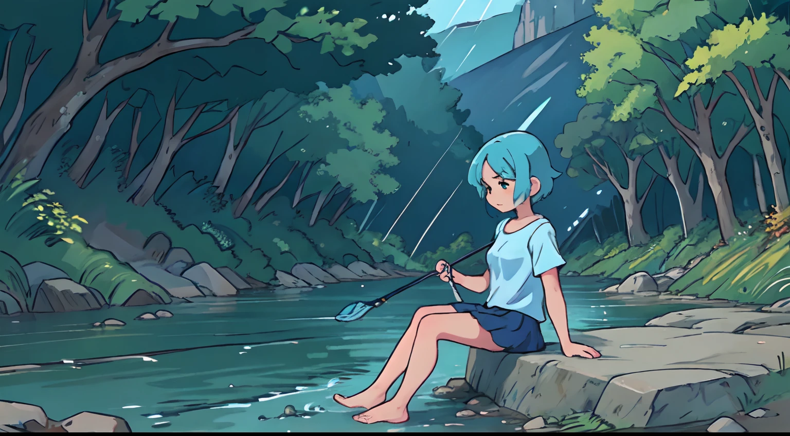 Fishing in the river,  Sit under a tree near the rocks, girl, yellowish blue hair, hd, tired face,barefoot,loli,Wearing a blue t-shirt, short skirt,Catching fish,Rainy weather, overlooking the river,autumn