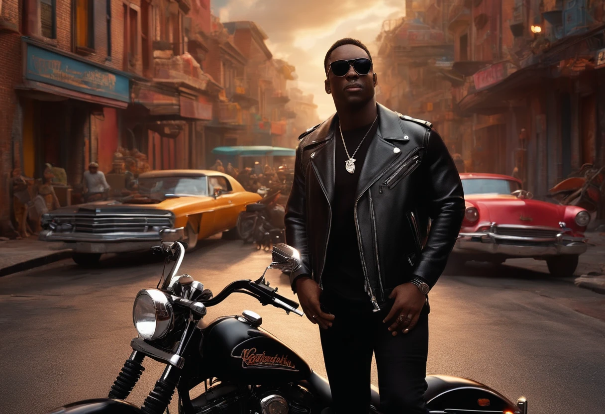 a Disney Pixar-style 3D poster of a black man, vestindo roupas pretas, casaco preto, with sunglasses, with an 883 Harley Davidson by his side against a backdrop of apocalyptic chaos
