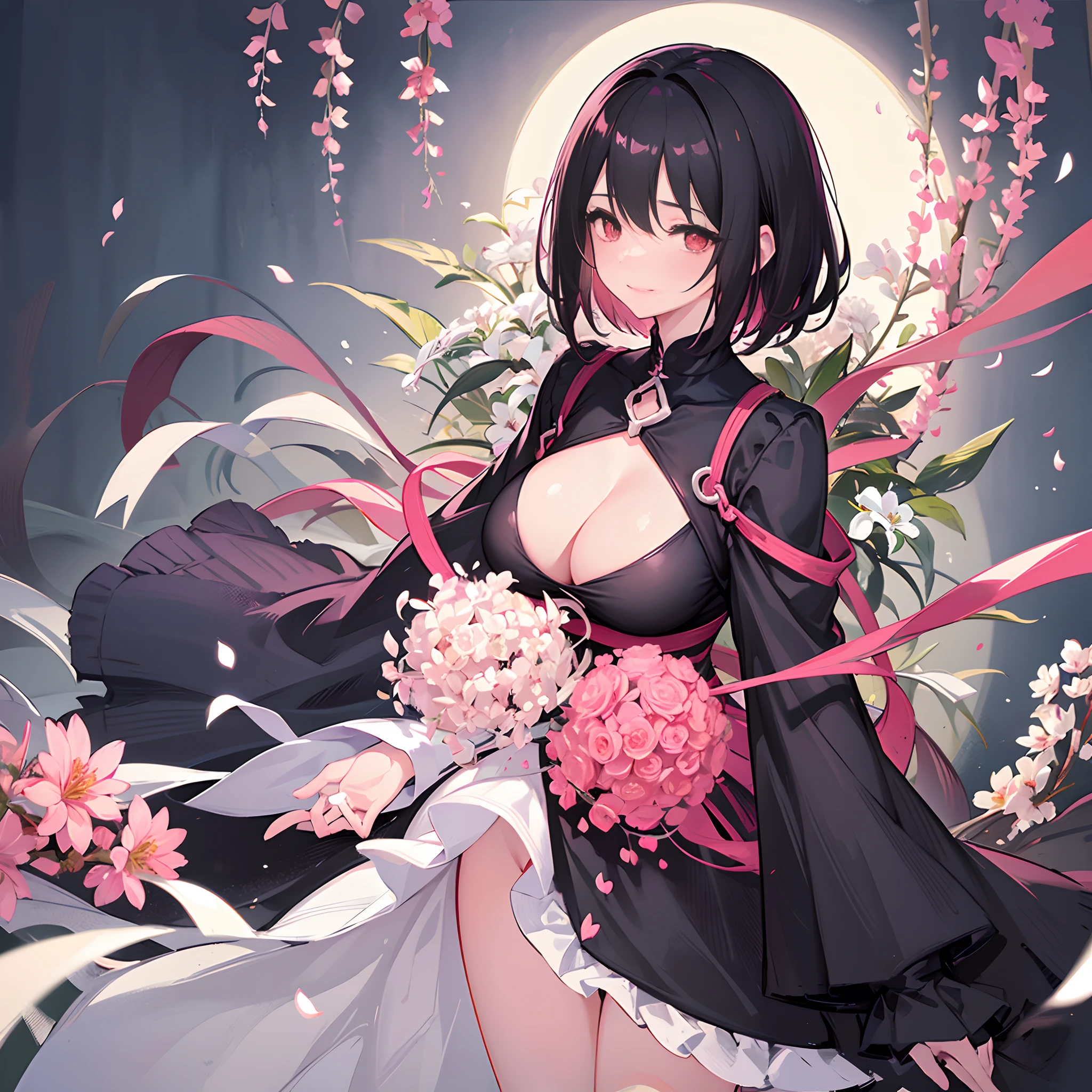 A woman with short black hair and pink-red eyes.....Wear black.... Slim profile, Fair-skinned, large boobs, He blushed slightly....., Close your eyes and smile brightly.......On Mobile, White flowers are::...