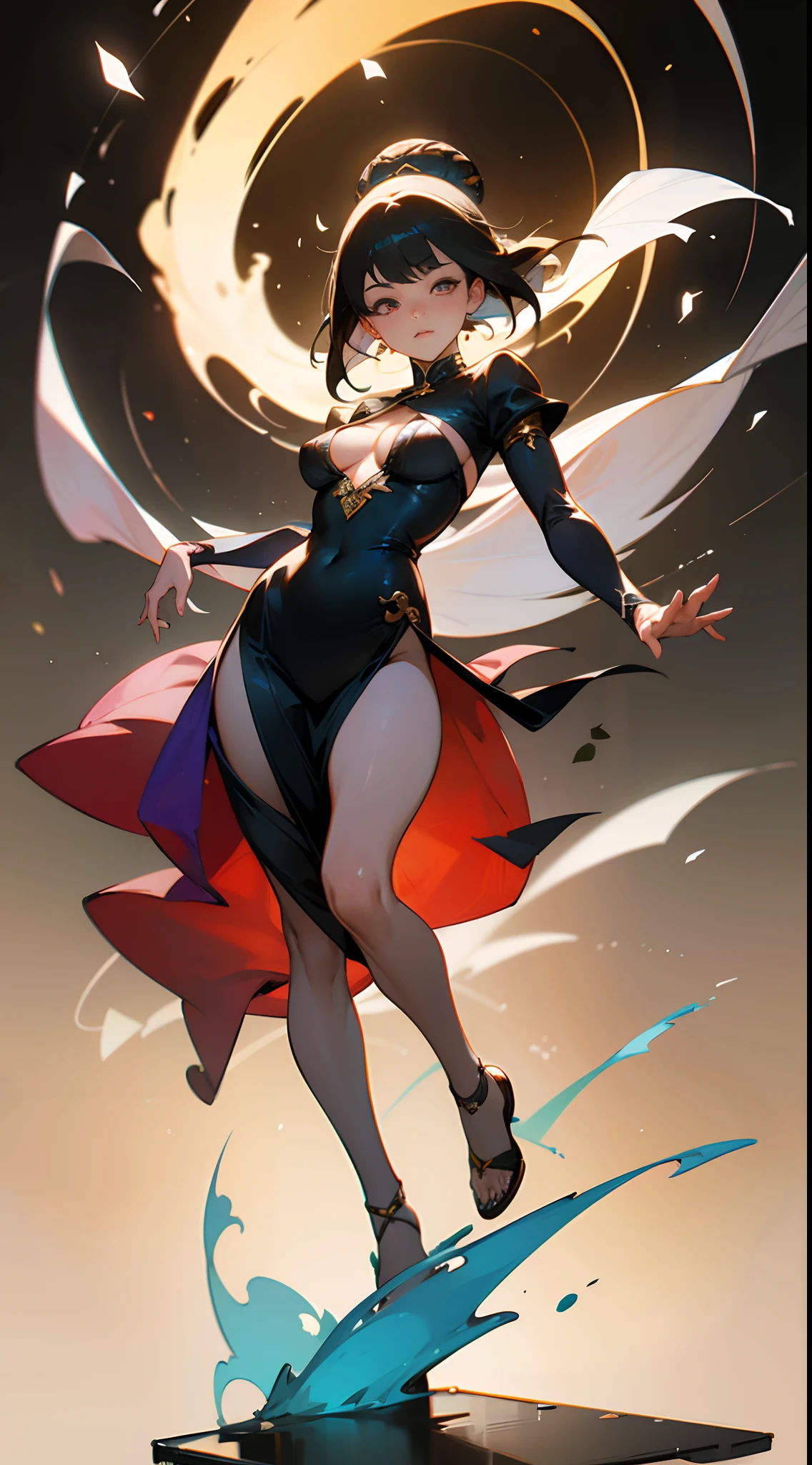 Pastel tones, Isometric camera angle, Higly detailed, Professional art, vivid colours, ((masterpiece)), 800 mm, studio lighting, ((bokeh)), (depth of field), Concept: captivating eyed anime waifu has glittery and insanely glowing runes covered her skin, wearing a ((daringly cleavage kentaro miura style art dress)), 8k resolution, masterpiece luminescent anime style drawing, intricate details, [Composition: a striking eyed straight cut bangs two chinese bun and black haired albino glowing eyes anime character slowly dancing in the middle of the nothingness] full body art, sensual anime woman, anime illustration, beautiful anime artwork, anime artwork, ultra sharp, high quality fabric, [Alejandro bursido style background], Oil painting of a anime waifu by Frank Frazetta, by Yoji shinkawa