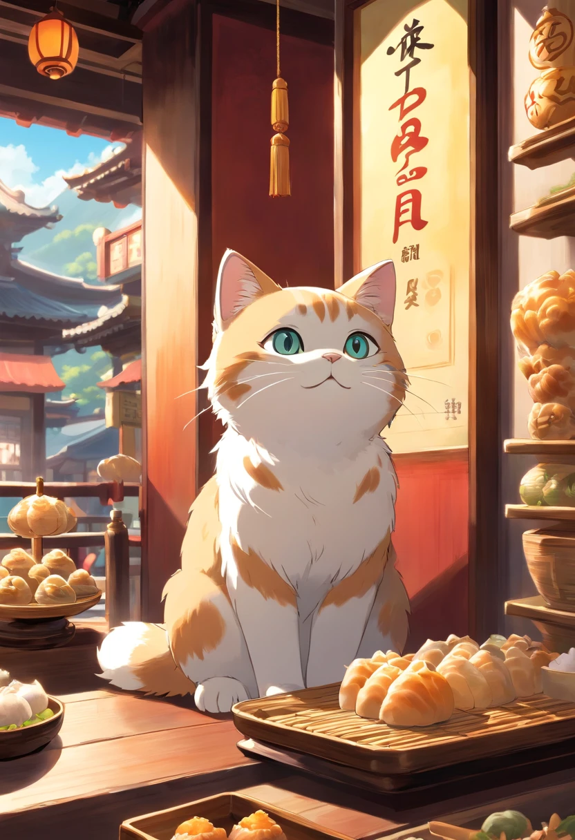 A cute cat with round eyes, At the dim sum shop , Sunlight outside the window.