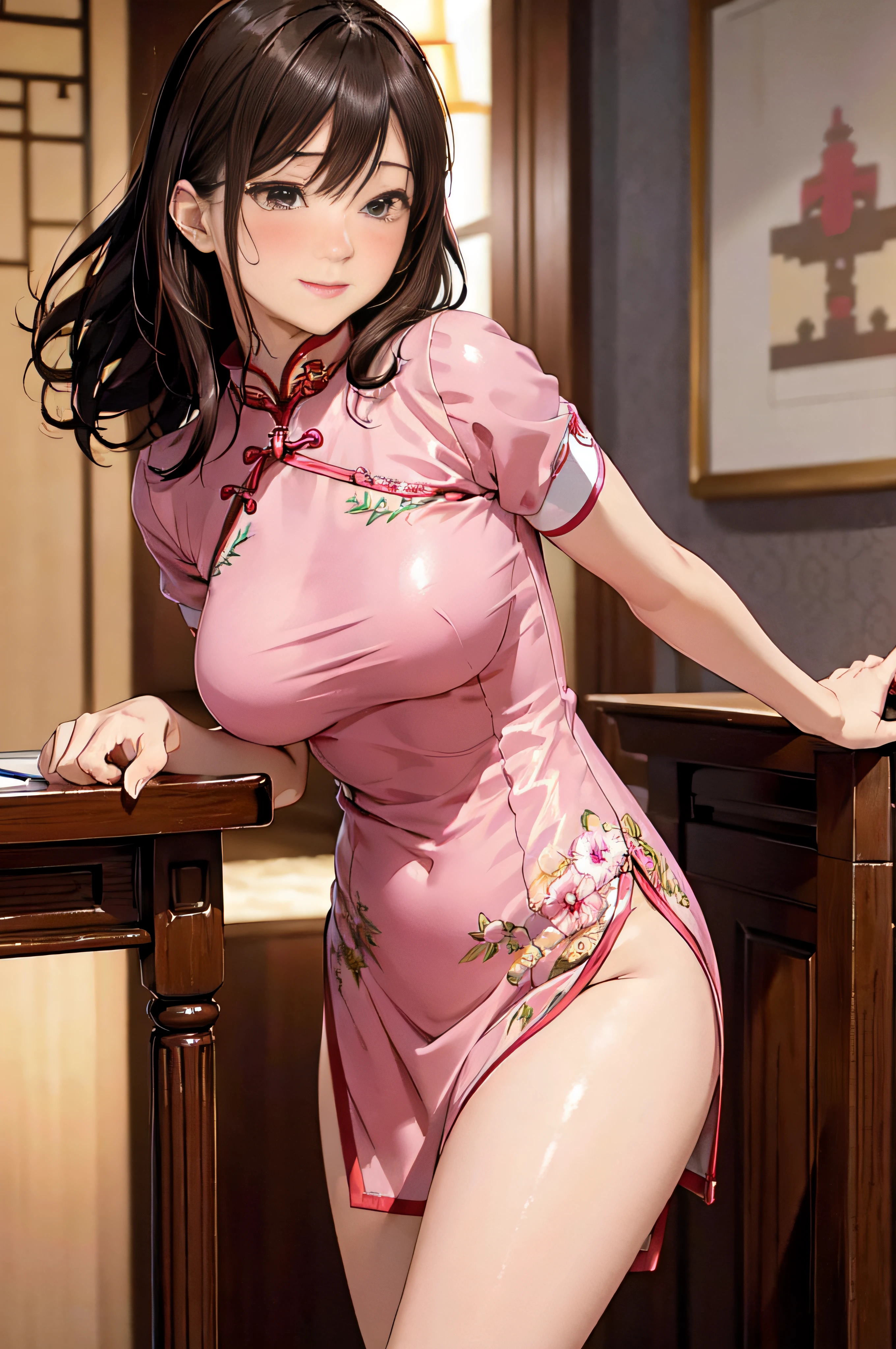 masutepiece,Best Quality,High resolution,Fine details,Solo,Adult Woman,blush,Curve,Large breasts,Sweat,Oily skin,(Brightly colored embroidered cheongsam),(a luxury hotel room)、Dark brown longhair、Shy laughter、Stretch the hem of the buttocks with a slouch、Absolute Area